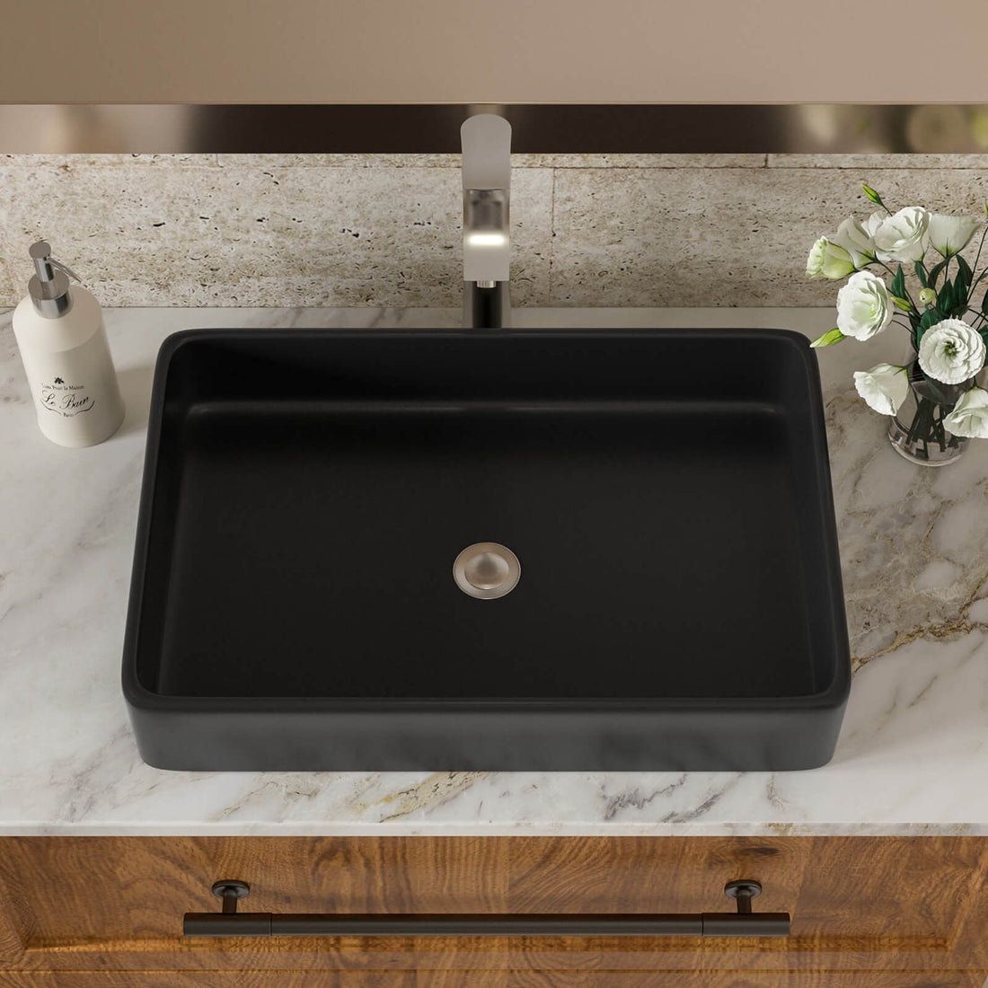 black ceramic above counter bathroom sink with matte finish