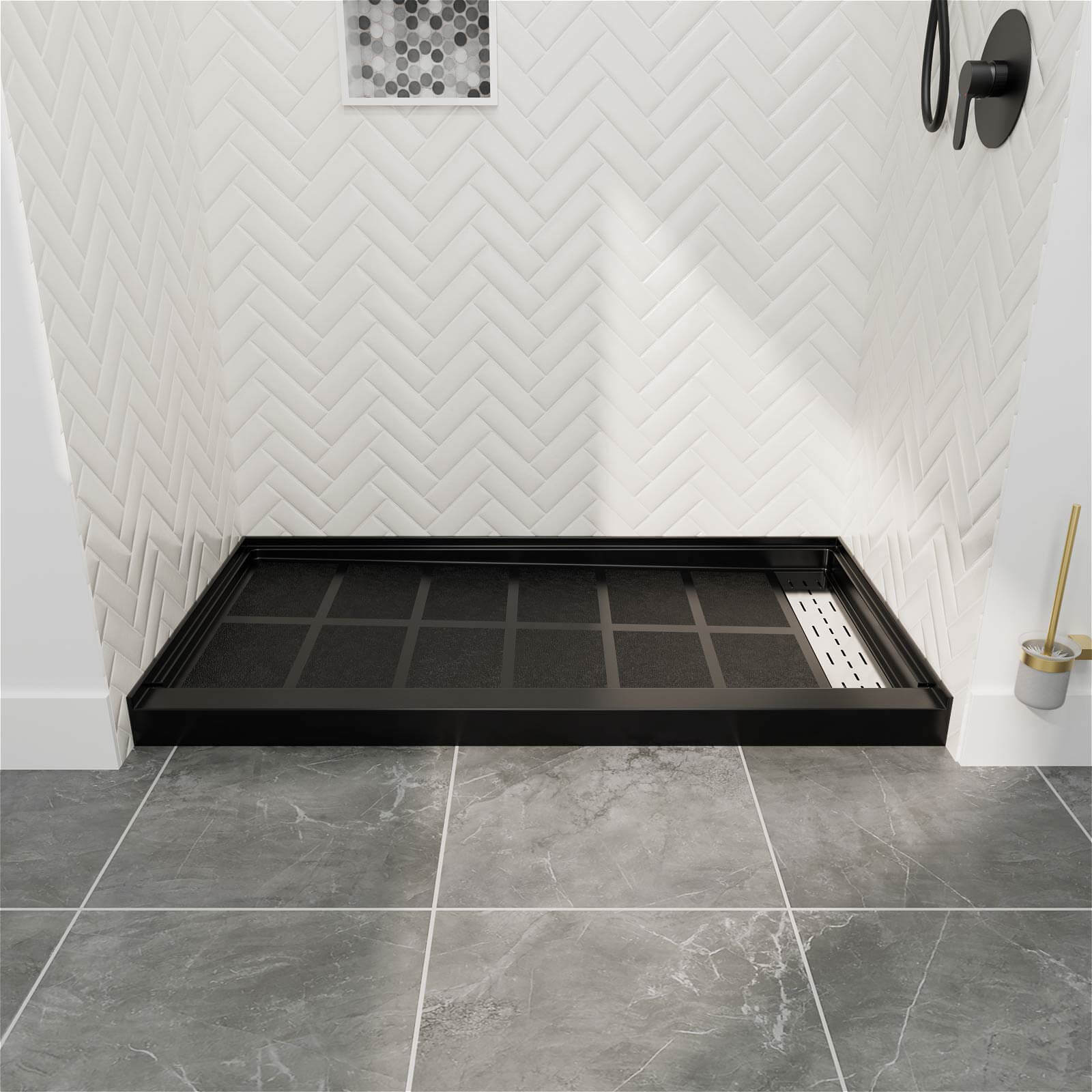 black right drain shower pan with non slip textured surface