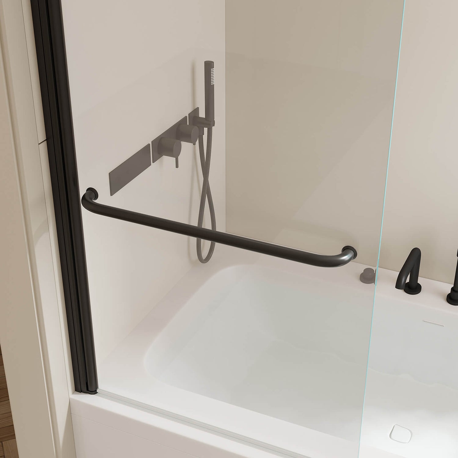 black tub door with stainless steel handle