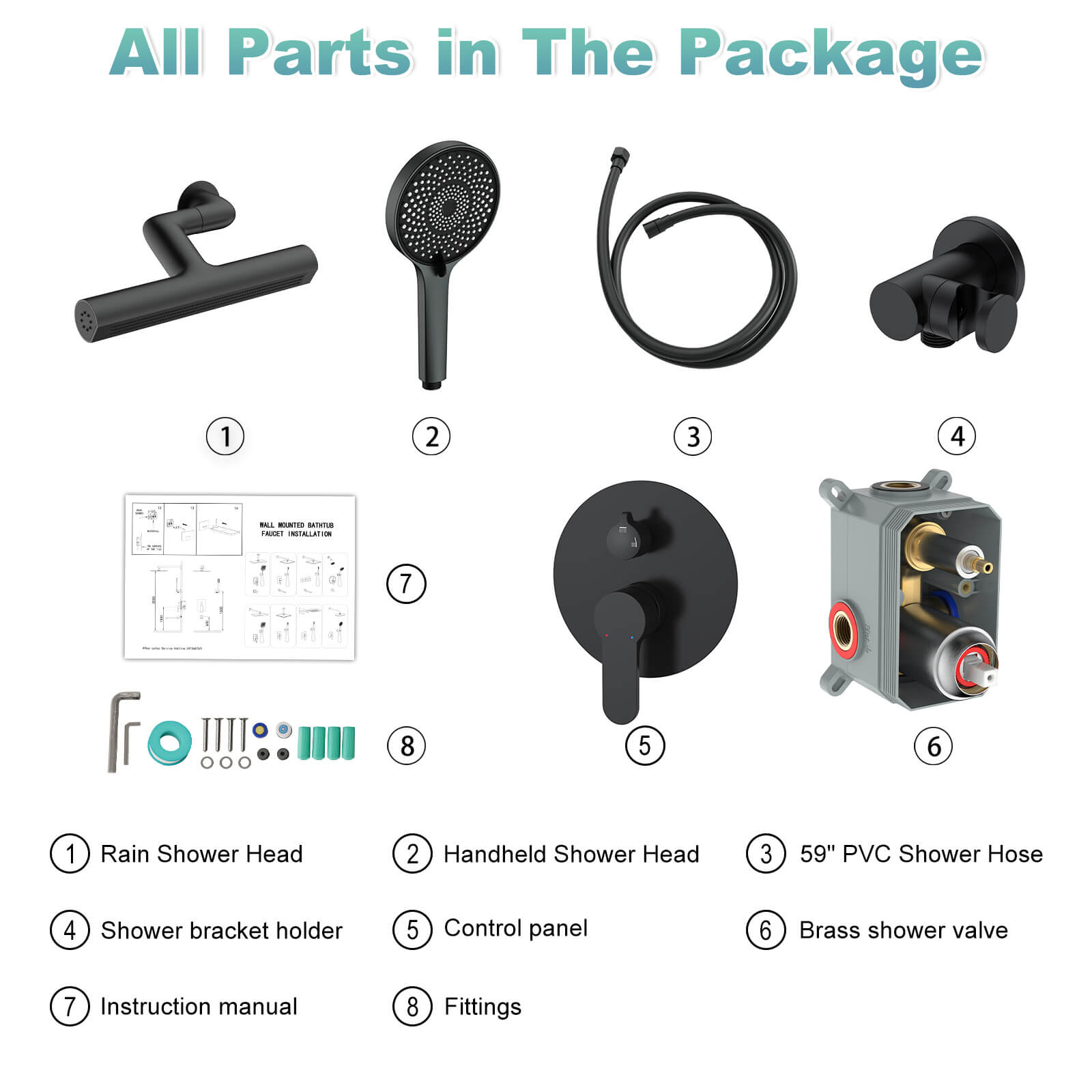 8" Shower Systems with Adjustable 3-Spray Cylindrical Shower Head And 6-Spray Handheld, Wall Mount