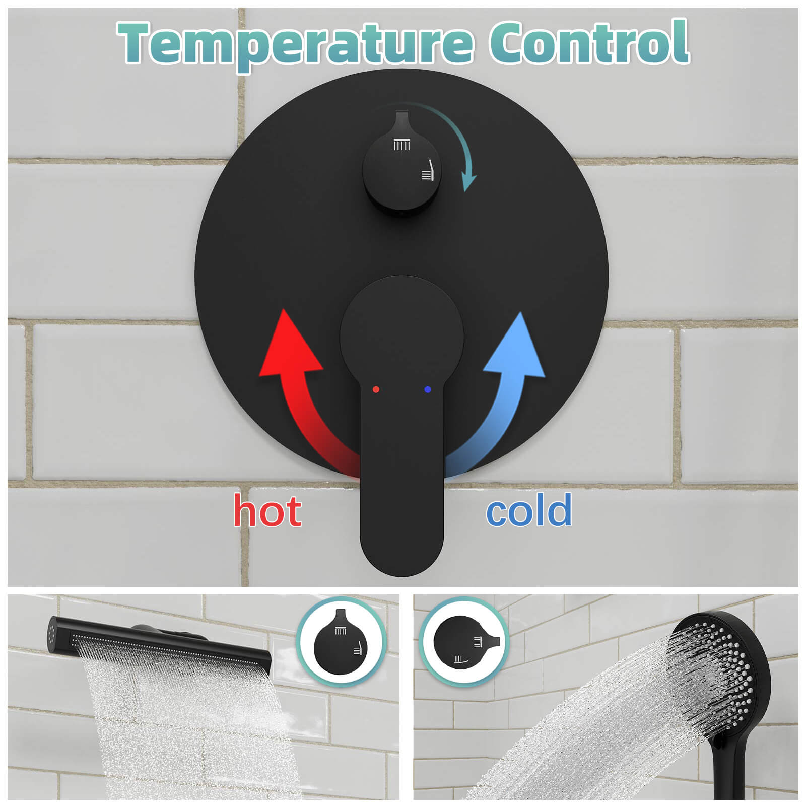 8" Shower Systems with Adjustable 3-Spray Cylindrical Shower Head And 6-Spray Handheld, Wall Mount