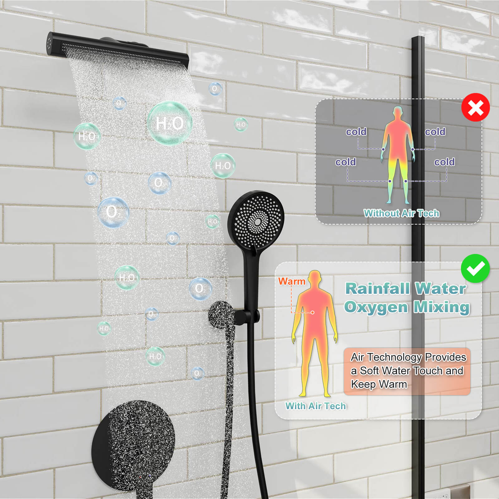 8" Shower Systems with Adjustable 3-Spray Cylindrical Shower Head And 6-Spray Handheld, Wall Mount