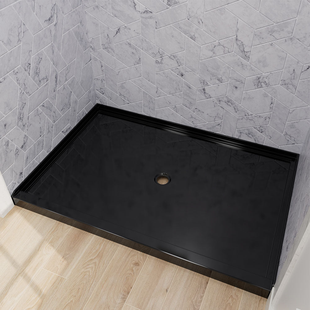 black acrylic shower base with center drain for 3-wall alcove setup