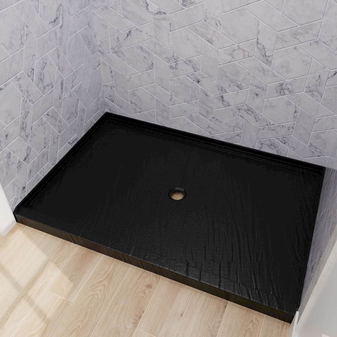 black shower base with anti-slip texture installed in modern alcove space