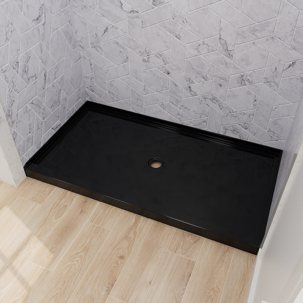 black single-threshold shower base designed for bathroom renovation projects