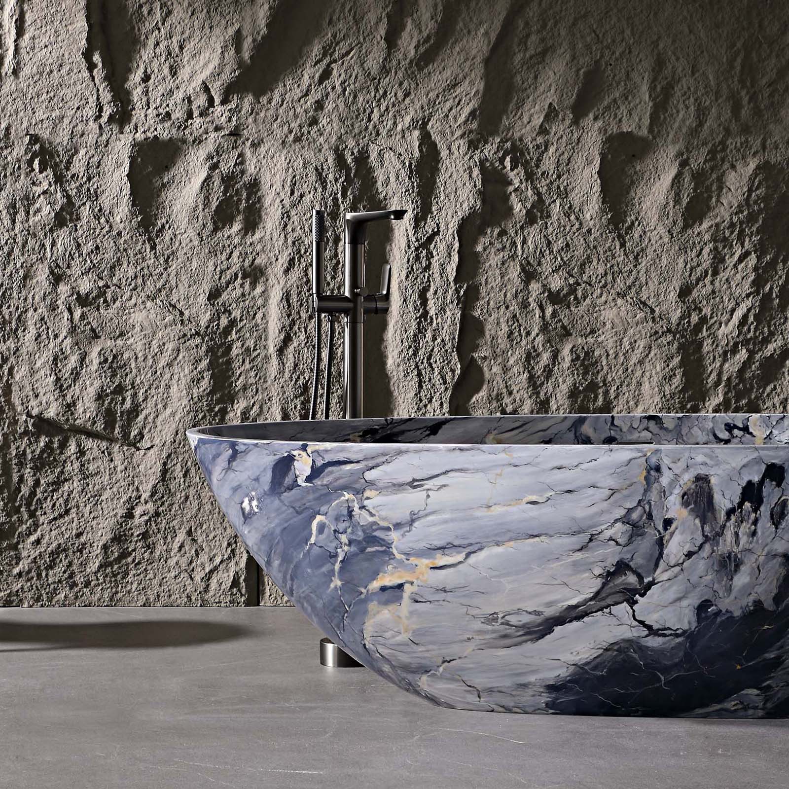 blue gray and gold marble vein freestanding bathtub