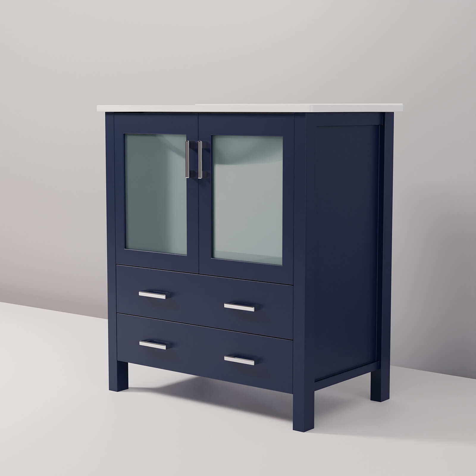 blue vanity with glass double doors and large storage drawer