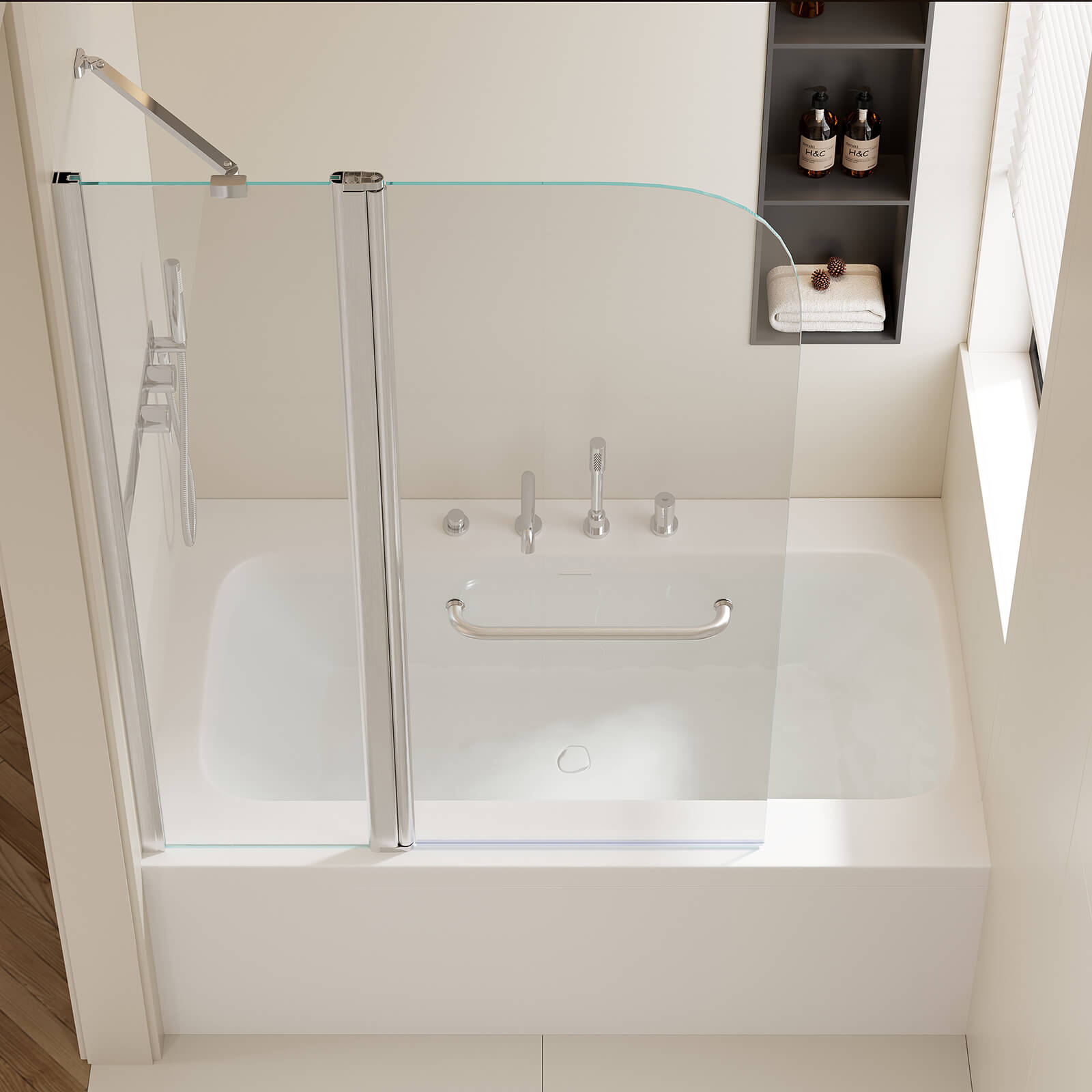 brushed nickel shower door with tempered glass and soft metal finish