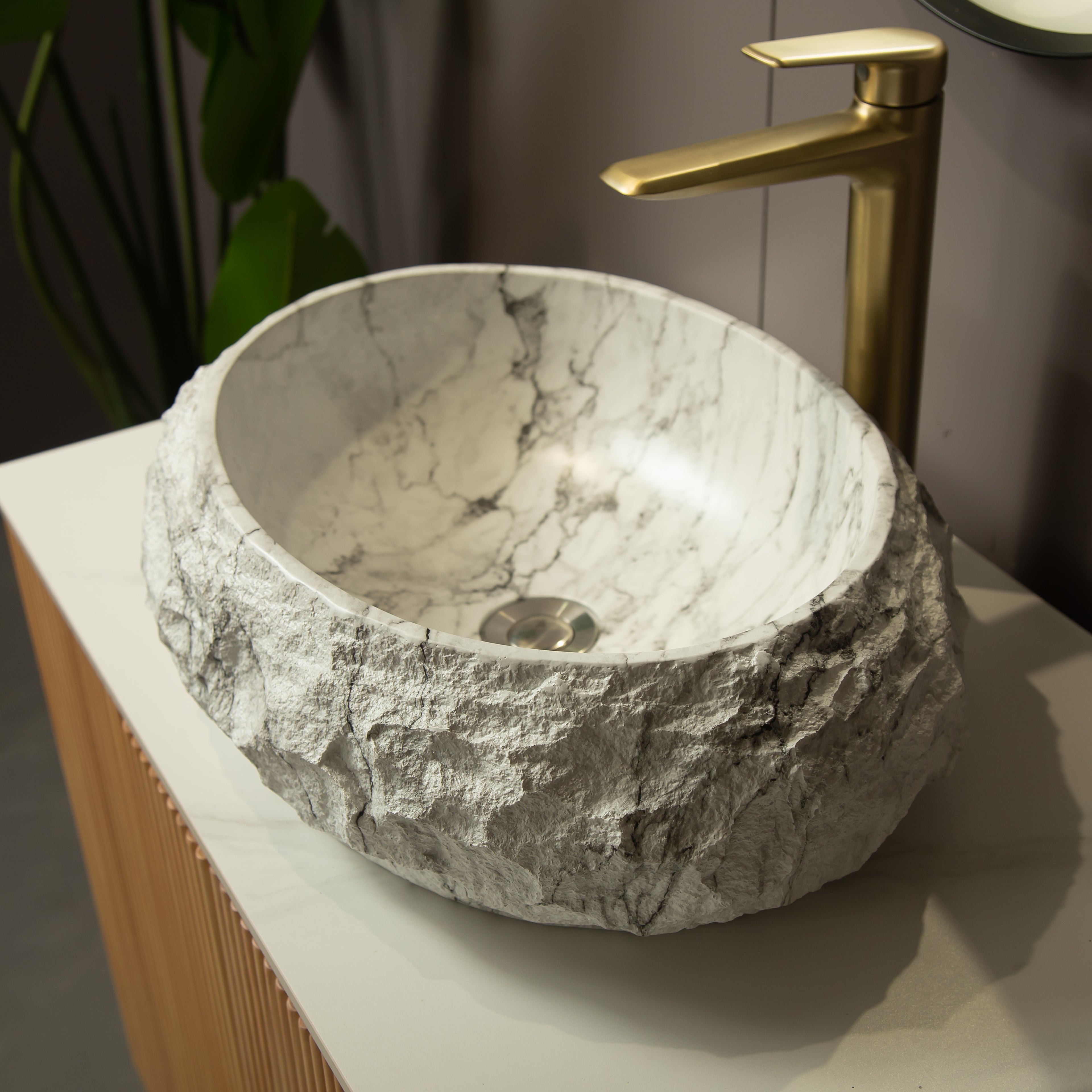Ivory Stone Pattern Resin Vessel Bathroom Sink oval basin interior drain hole rock-like exterior marble pattern
