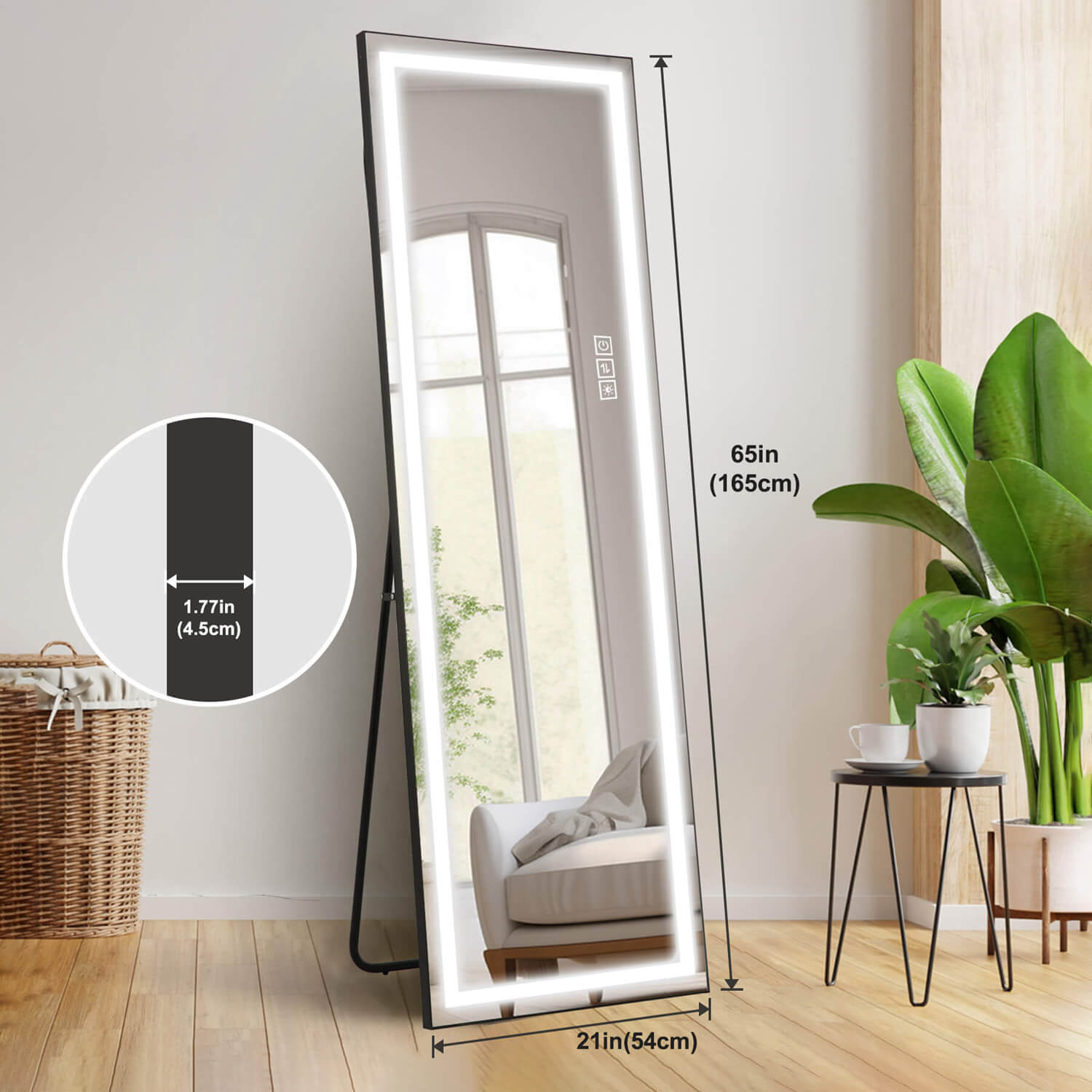 65"x21" LED-Ganzkörperspiegel mit Standfuß, 3-farbig dimmbare Beleuchtung