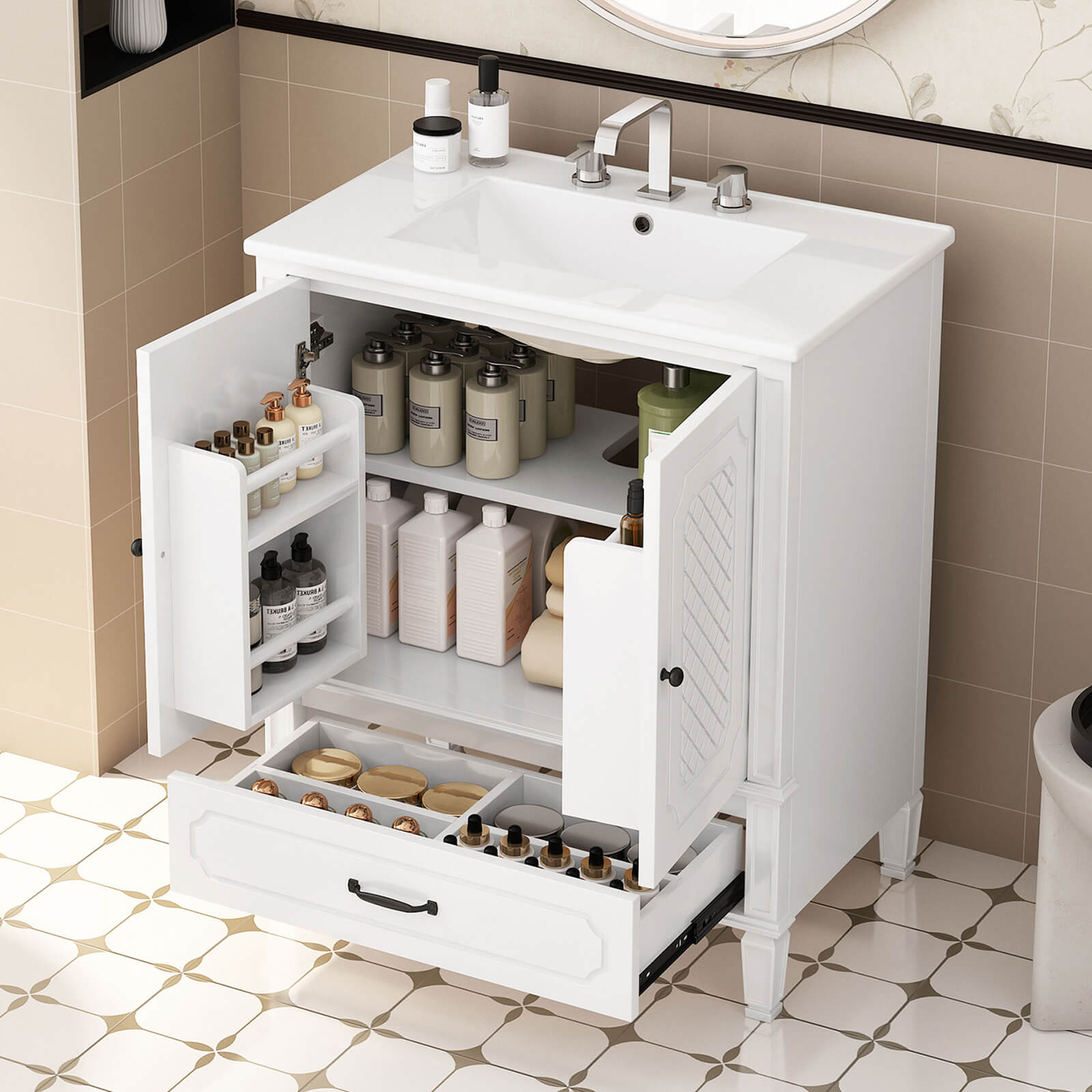 classic white bathroom vanity with adjustable interior shelving