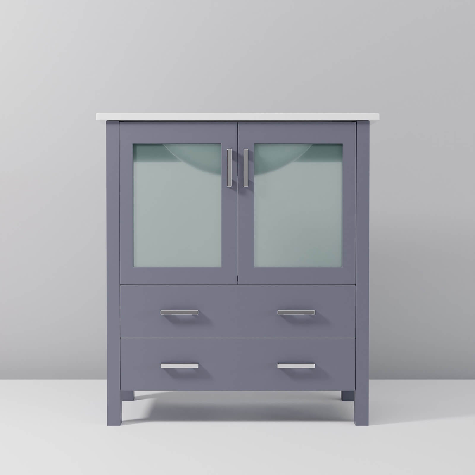 compact bathroom vanity with gray finish and storage drawer