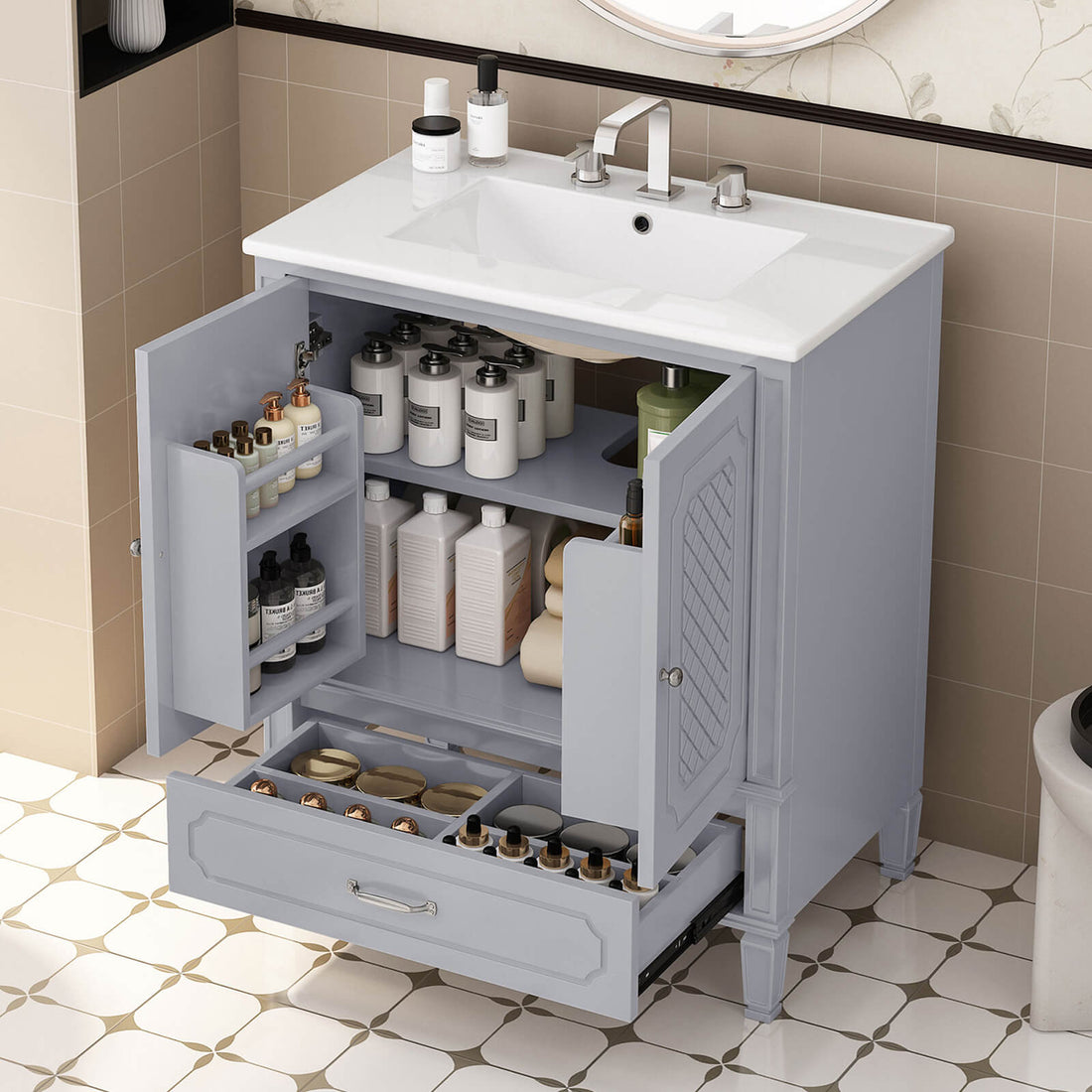 compact gray freestanding vanity with elevated short leg design