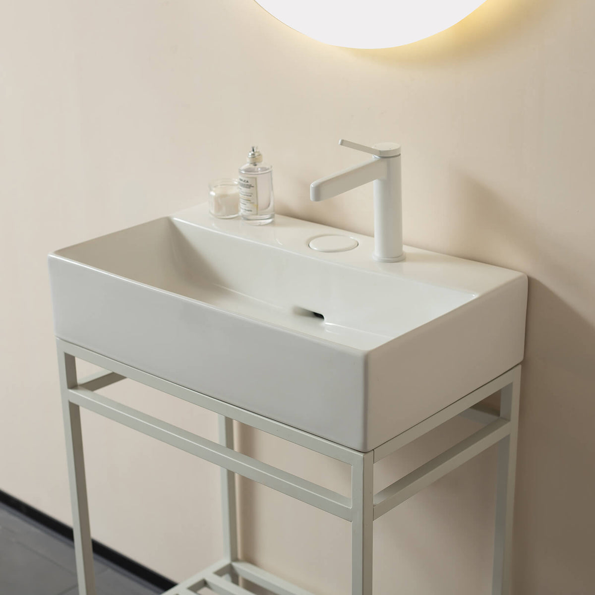 compact white console vanity for small bathrooms