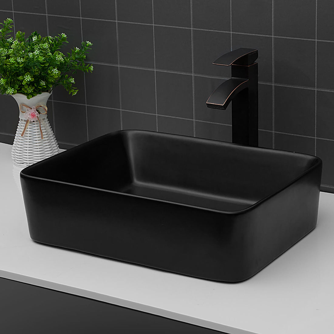 contemporary black ceramic basin with glossy finish