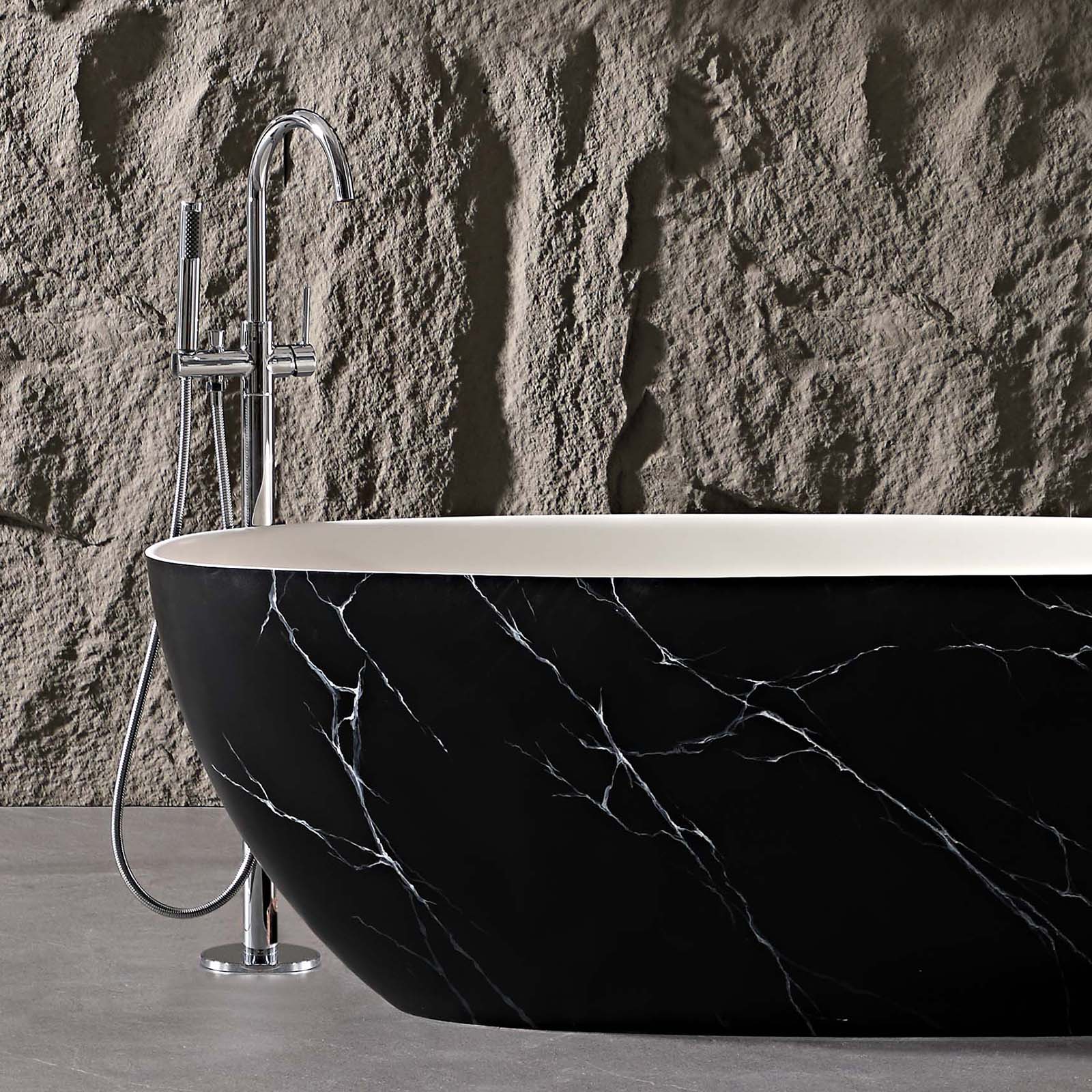 contemporary freestanding tub with bold black finish and marble pattern