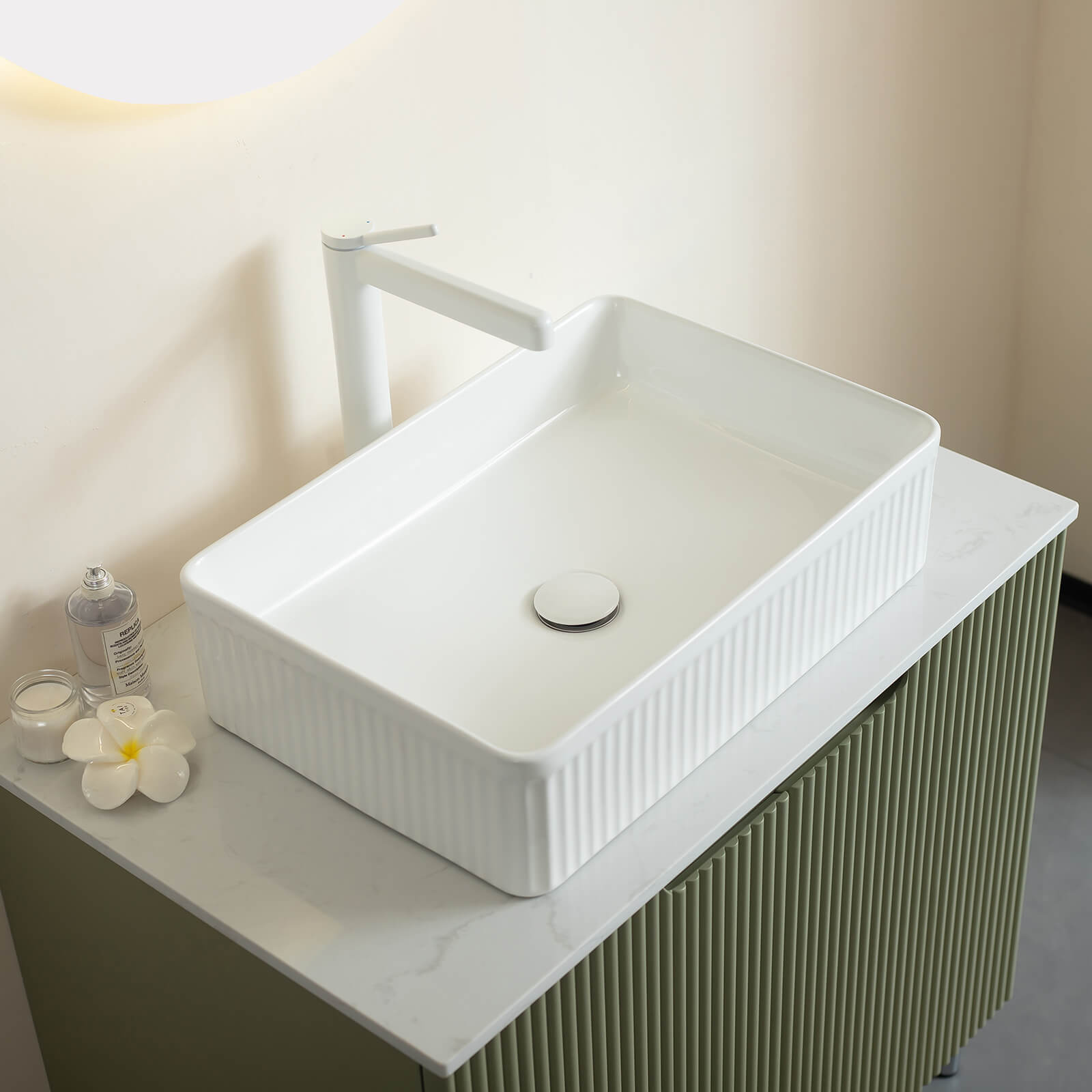 contemporary green fluted bathroom furniture