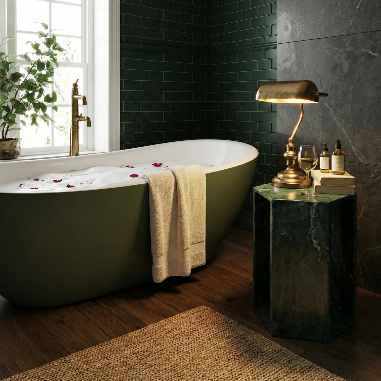 Elegant Emerald Green Marble Side Table with Dramatic White and Sea-green Veining for modern Bathroom or Balcony