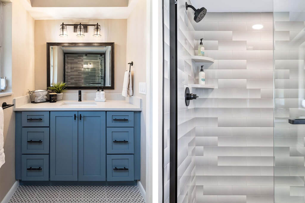 cool steel-blue vanity in Transitional Guest Bathroom