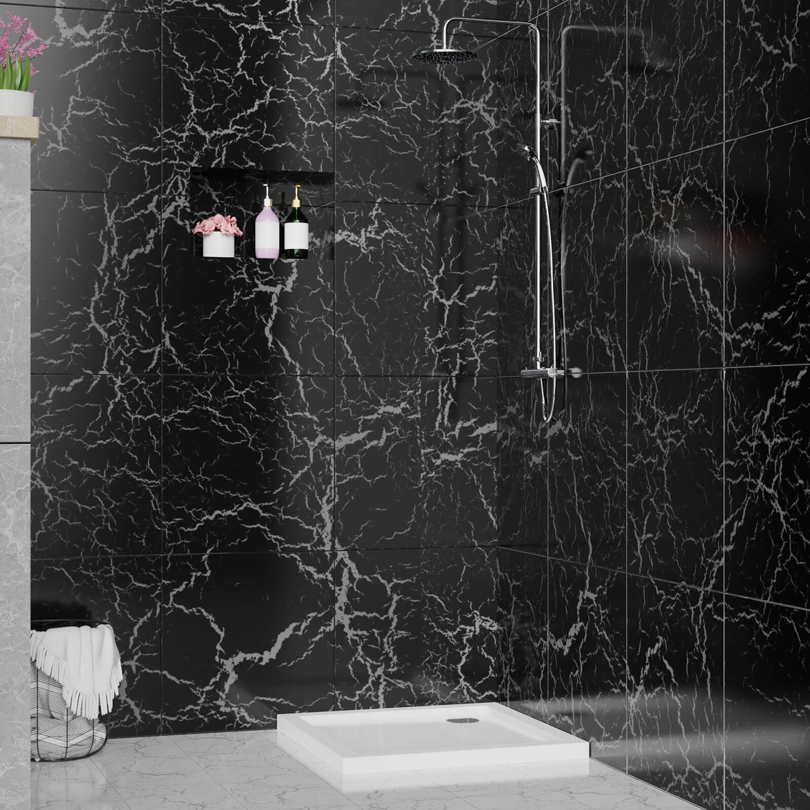 corner shower pan with 3.5 inch drain for tight spaces
