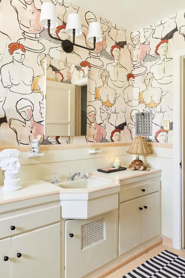 cream cabinets Pair with blush-toned wallpaper