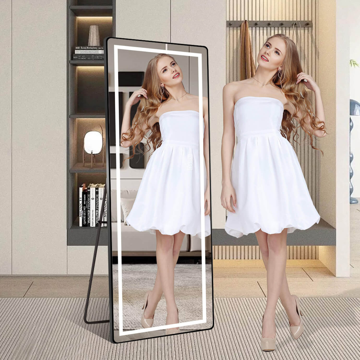 64"x21" Black LED Full Length Mirror with Dimmer, 3 Color Temperatures