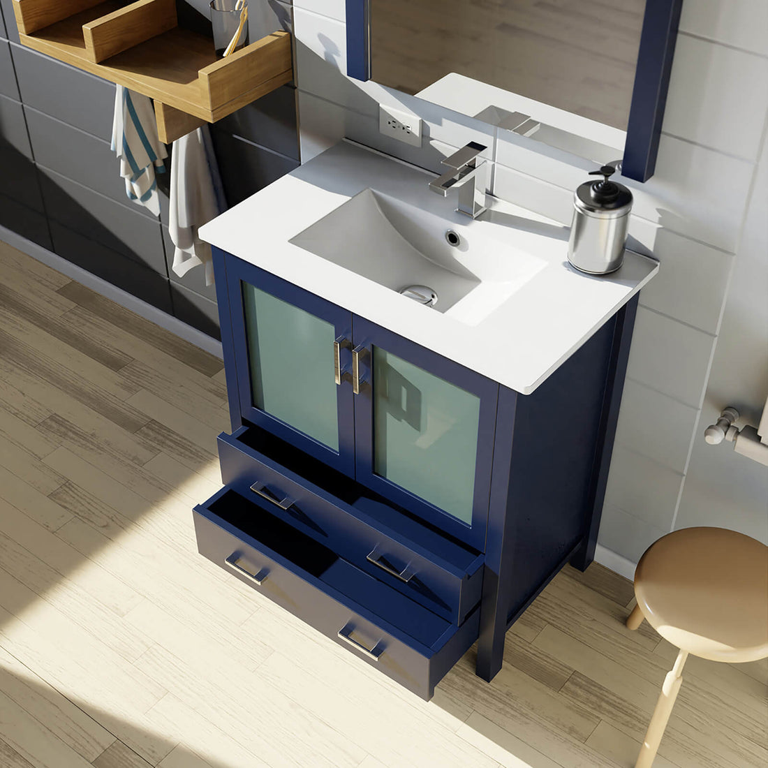 deep blue vanity for small bathrooms with organized storage