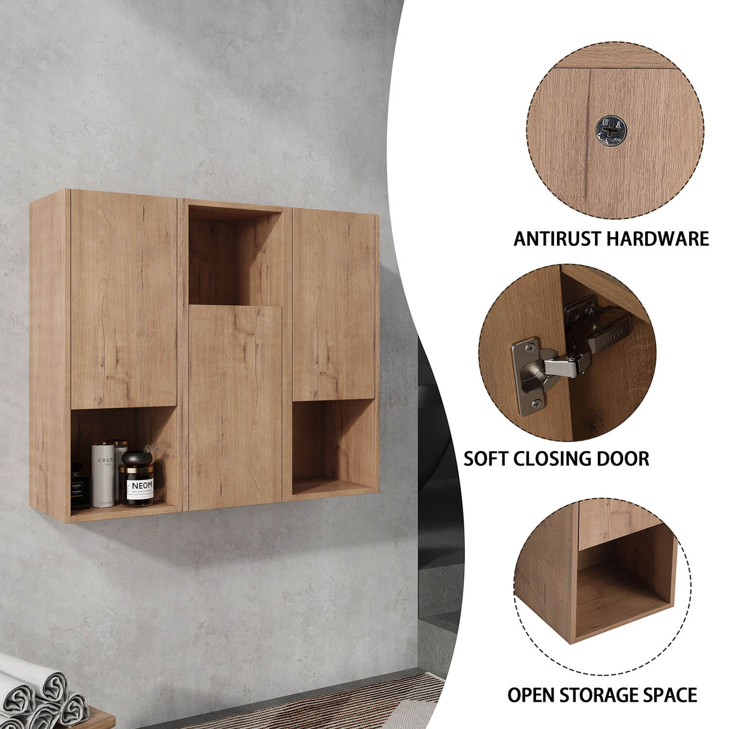 details of 36 inch White Oak Bathroom Wall Cabinet with Soft Close Doors and Open Shelves