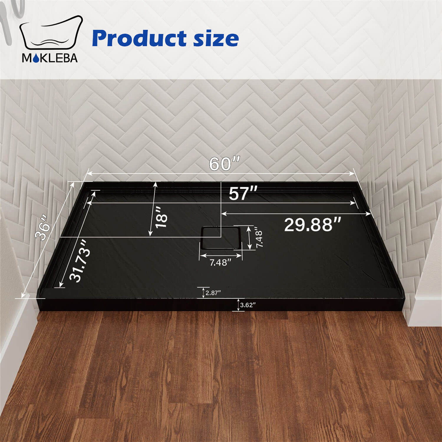 dimensions of Modern black 60x36 shower pan with center drainage layout