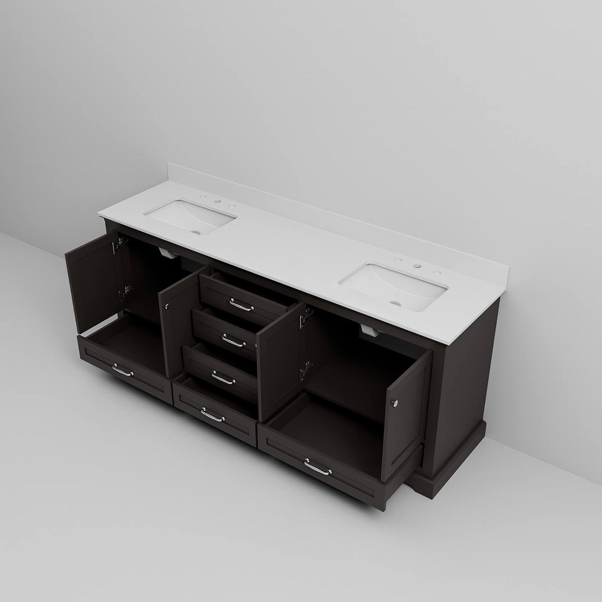 double sink espresso vanity with storage drawers and cabinets