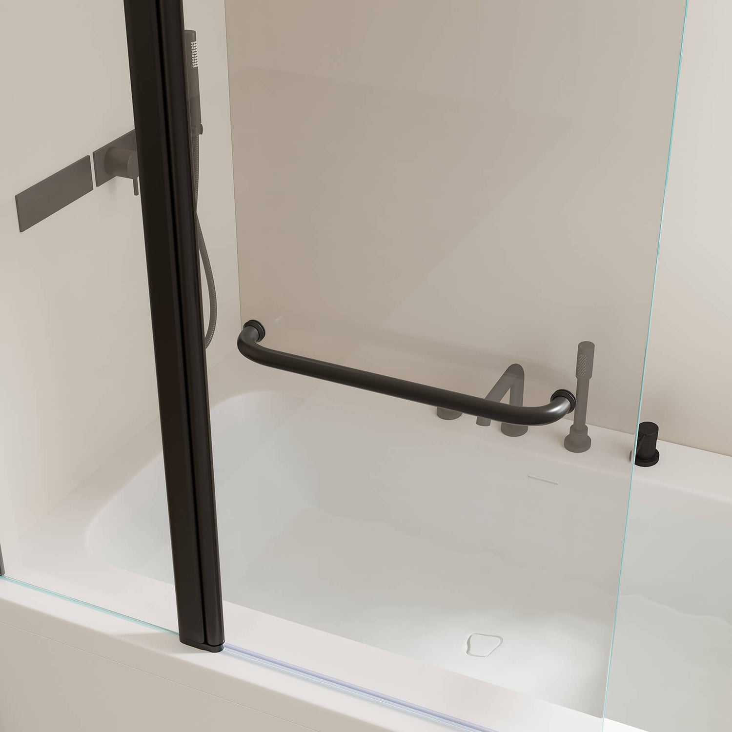 dual panel pivot glass shower door with self closing mechanism