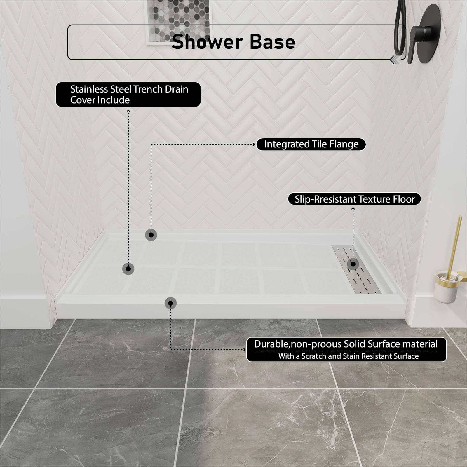 easy clean stainless drain cover included with shower base