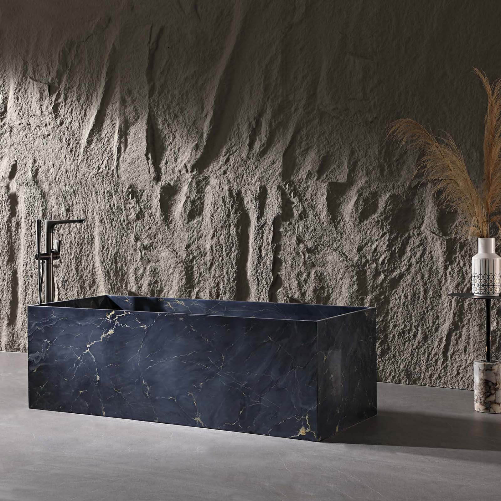 elegant bathroom centerpiece with blue marble effect bathtub