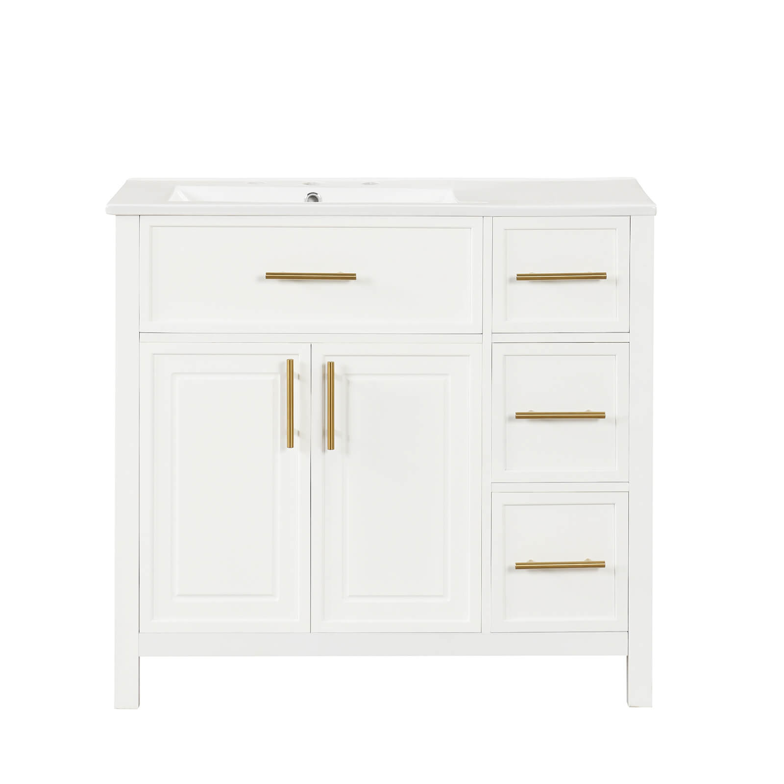 elegant vanity unit with gold drawer handles