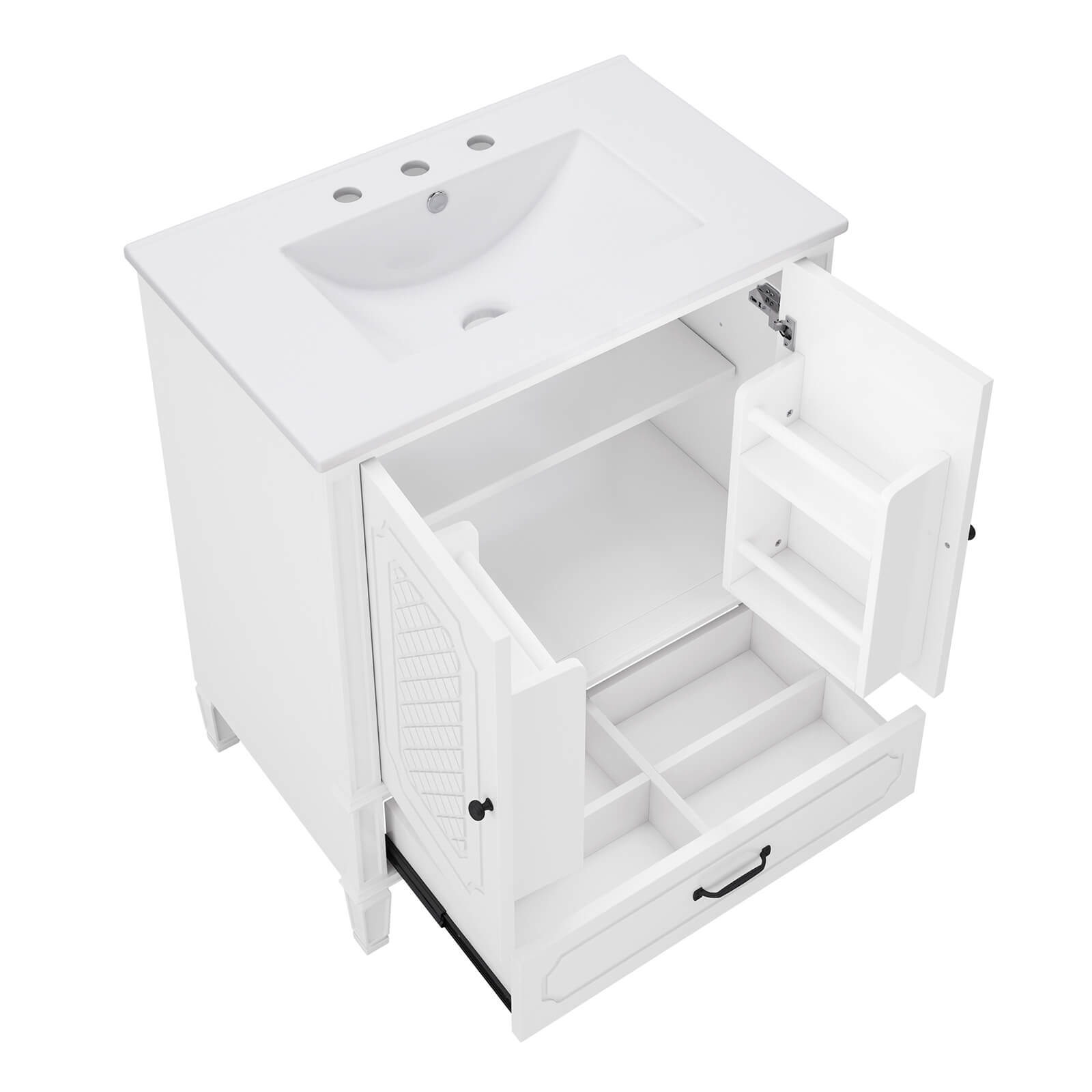 elegant white bathroom furniture with antique inspired details