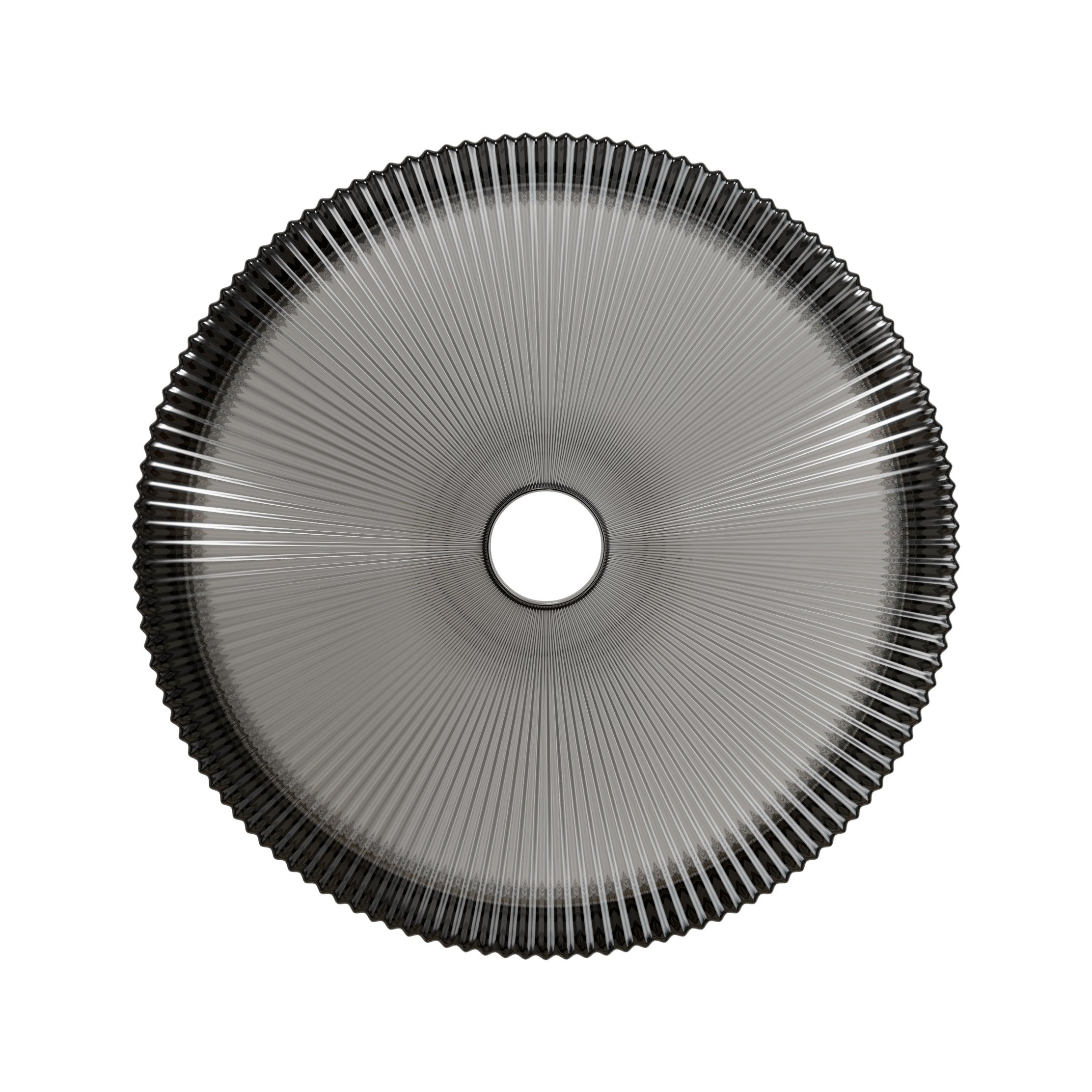 Round Transparent Black Crystal Glass Above-Counter Vessel Sink top view radial ribbed pattern centered drain hole