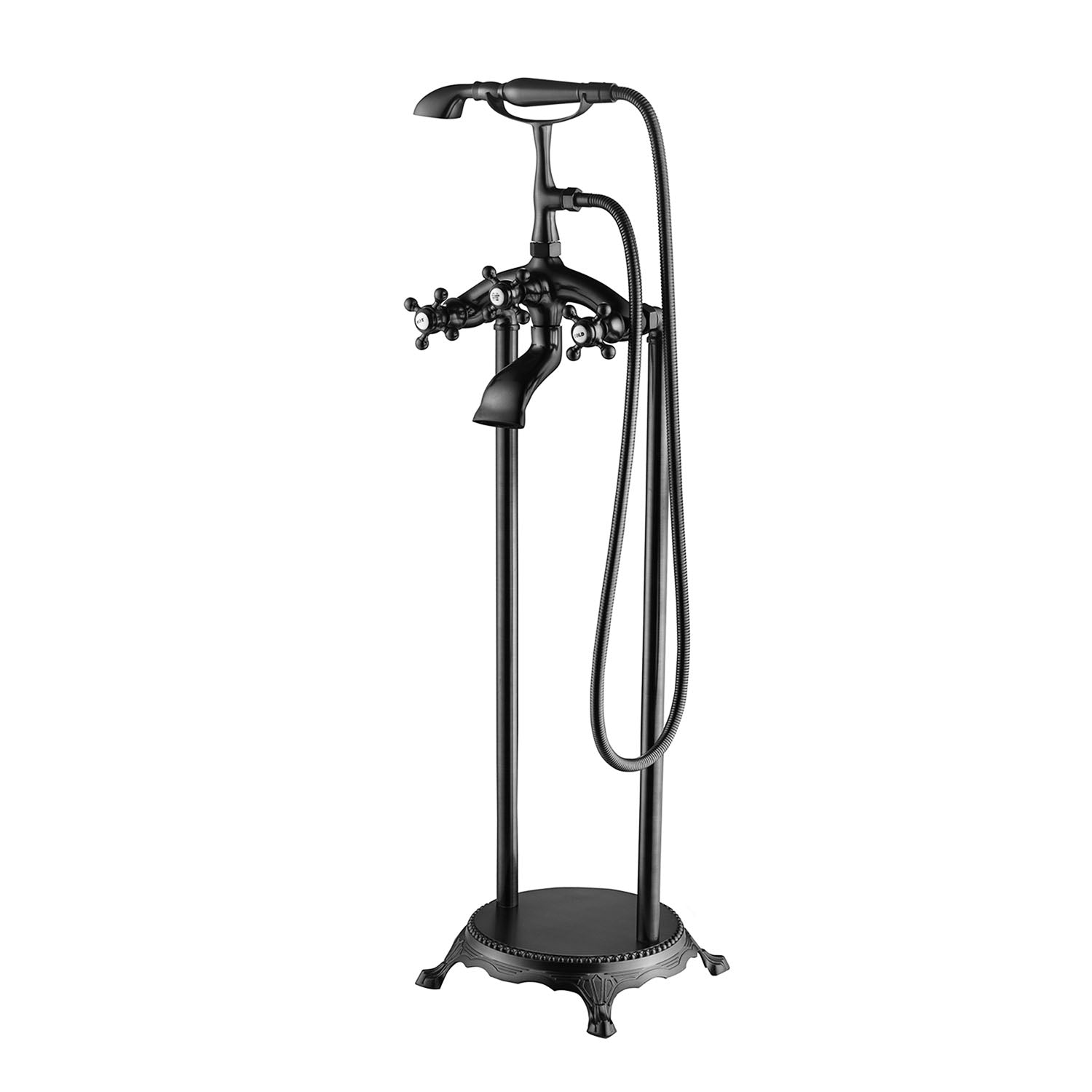 floor mounted tub filler matte black finish with handheld shower