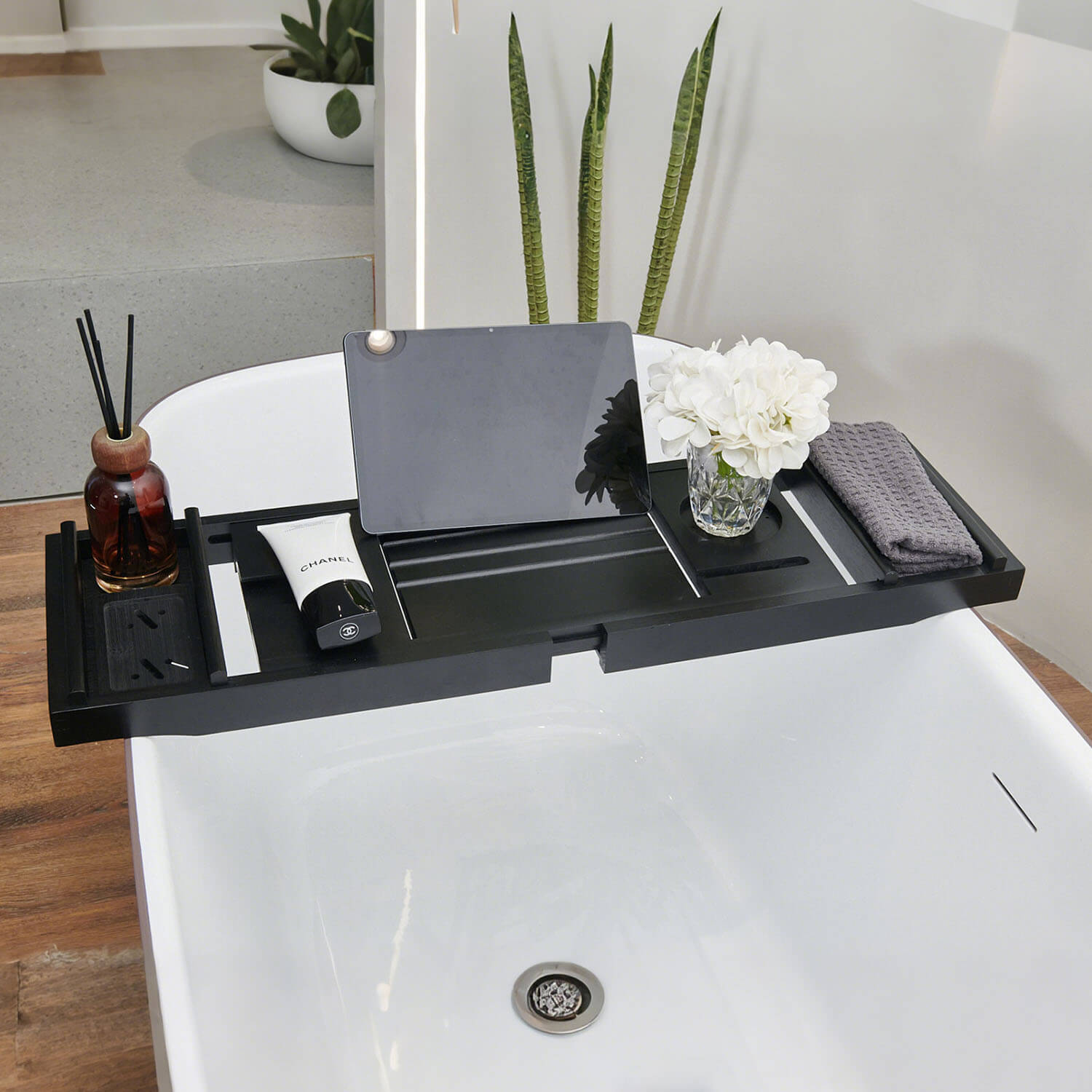 font view of Mokleba Black Bamboo Bathtub Caddy Tray with Soap Tray, Tablet Holder