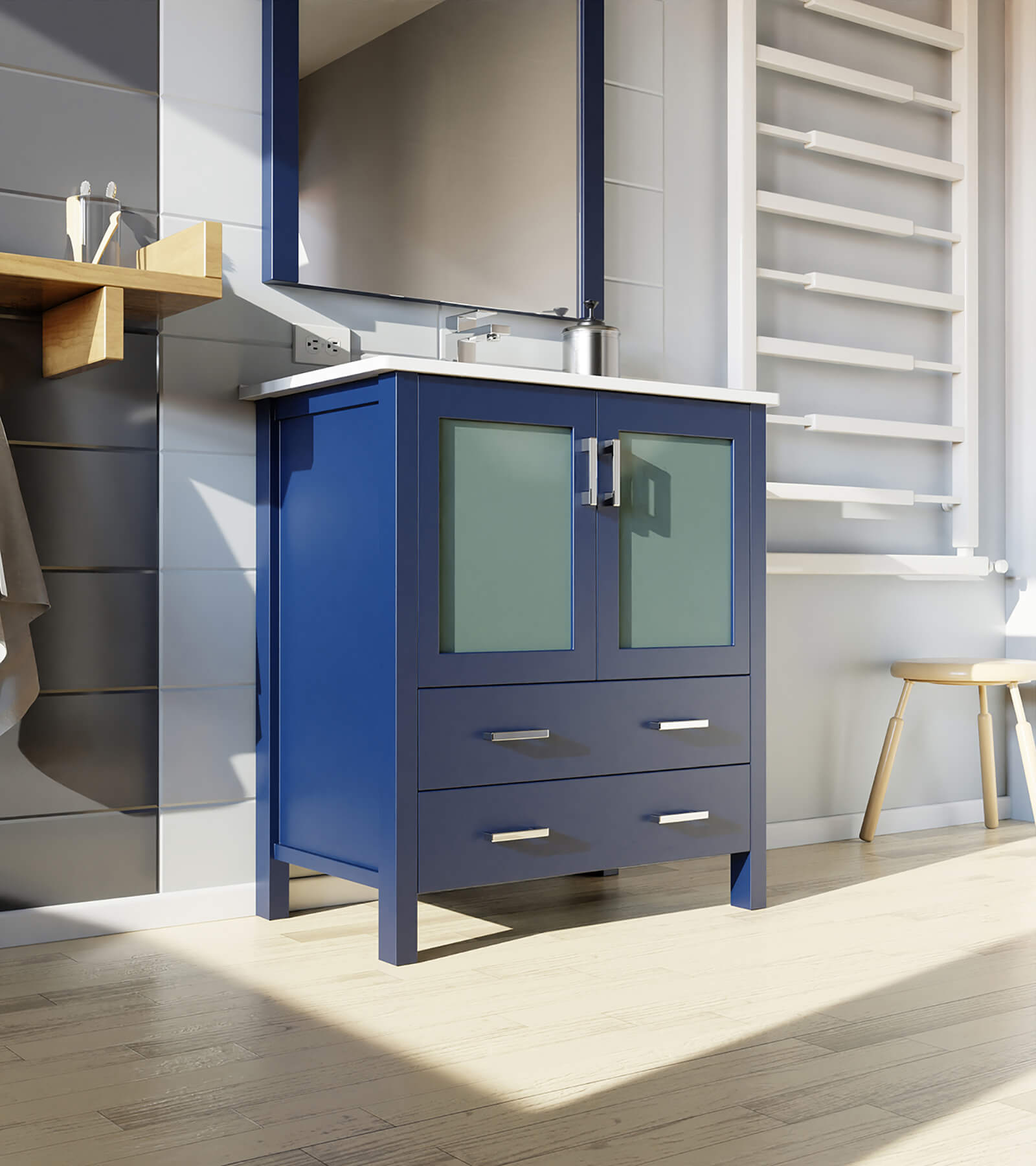 freestanding 30 inch vanity cabinet with elegant blue finish