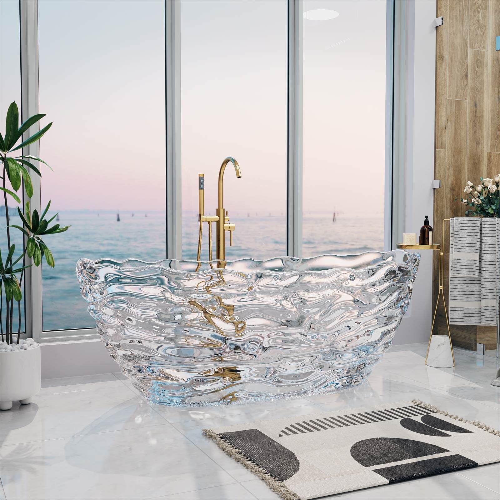 freestanding clear resin bathtub with wave design