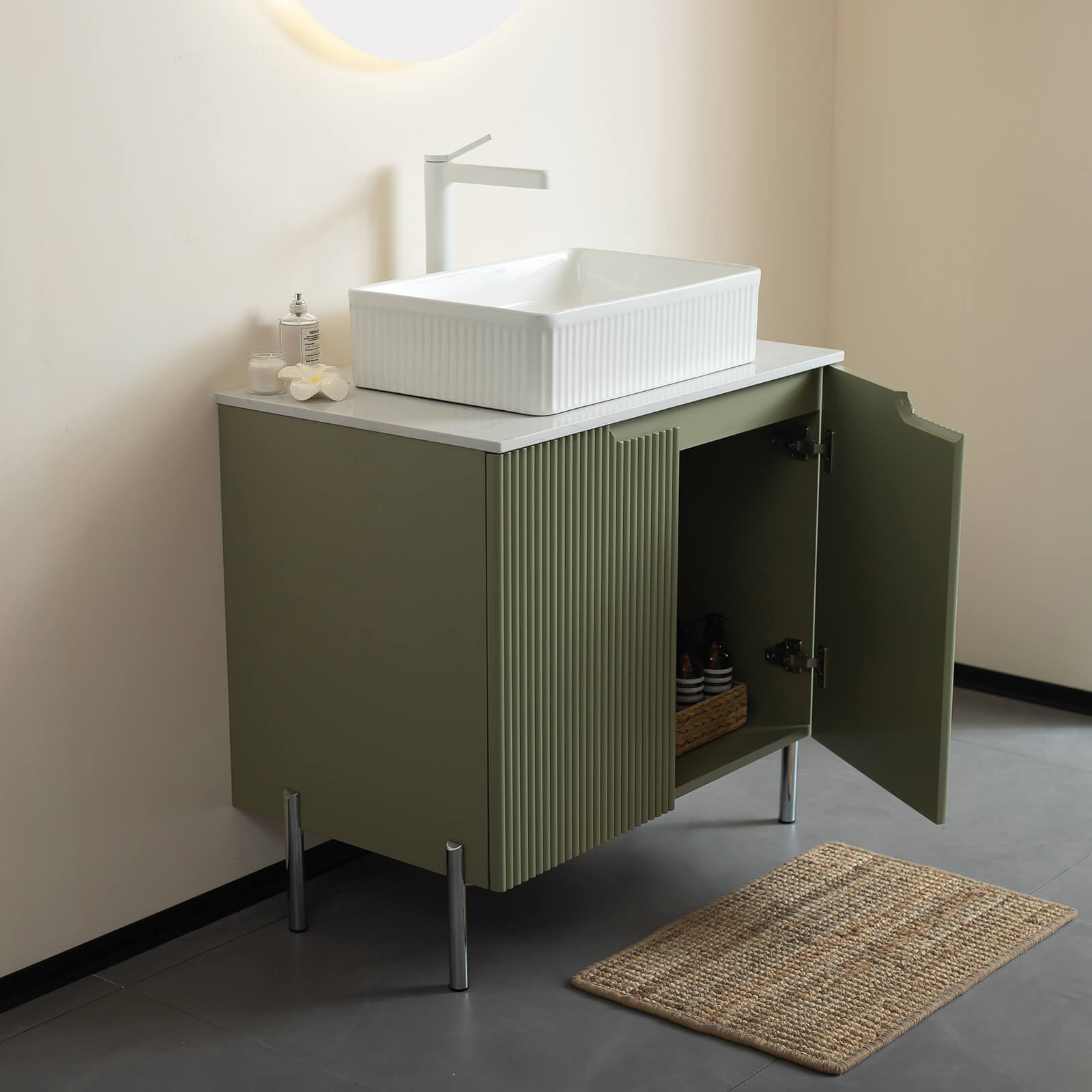 freestanding green bathroom vanity with metal legs