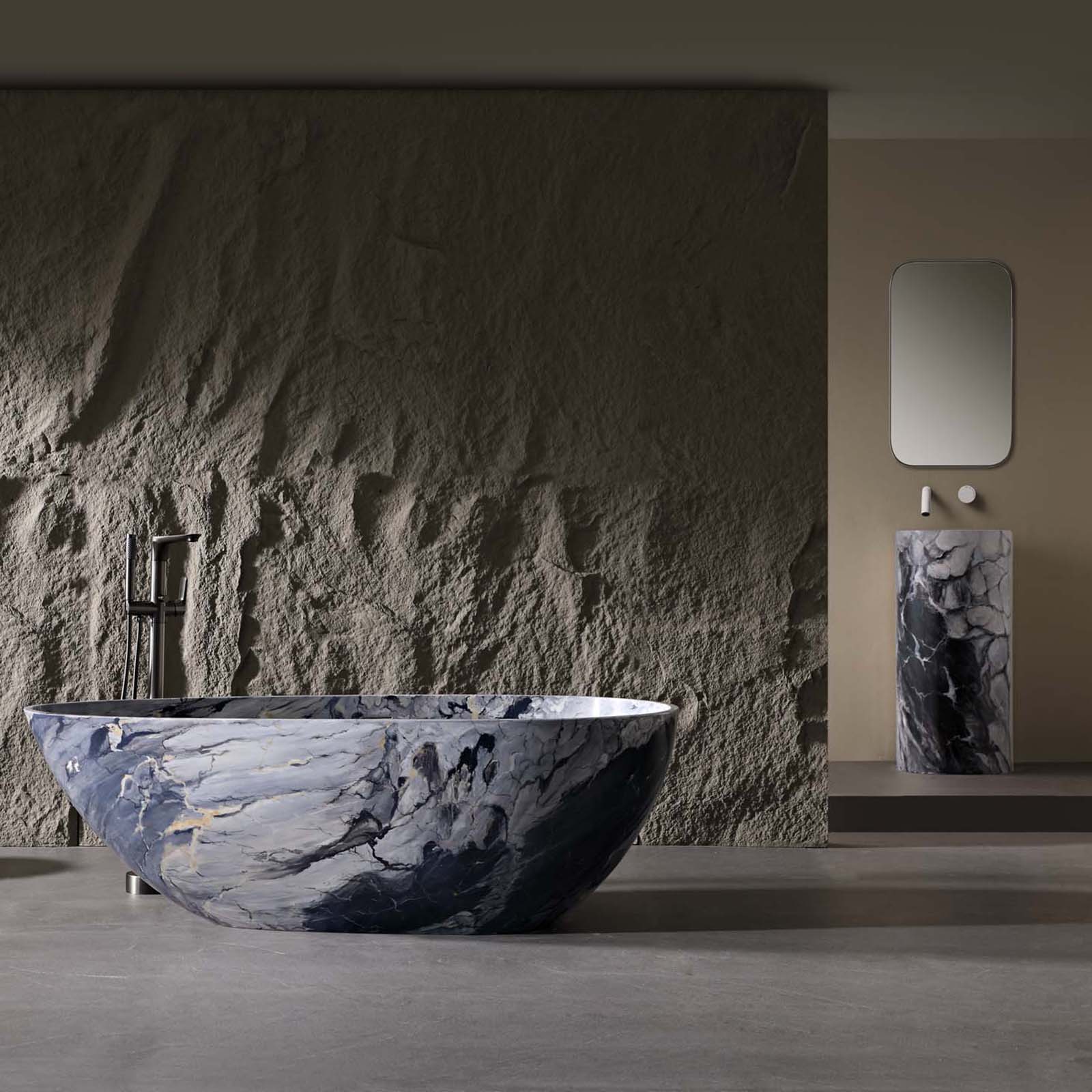 freestanding solid surface tub with marble style finish