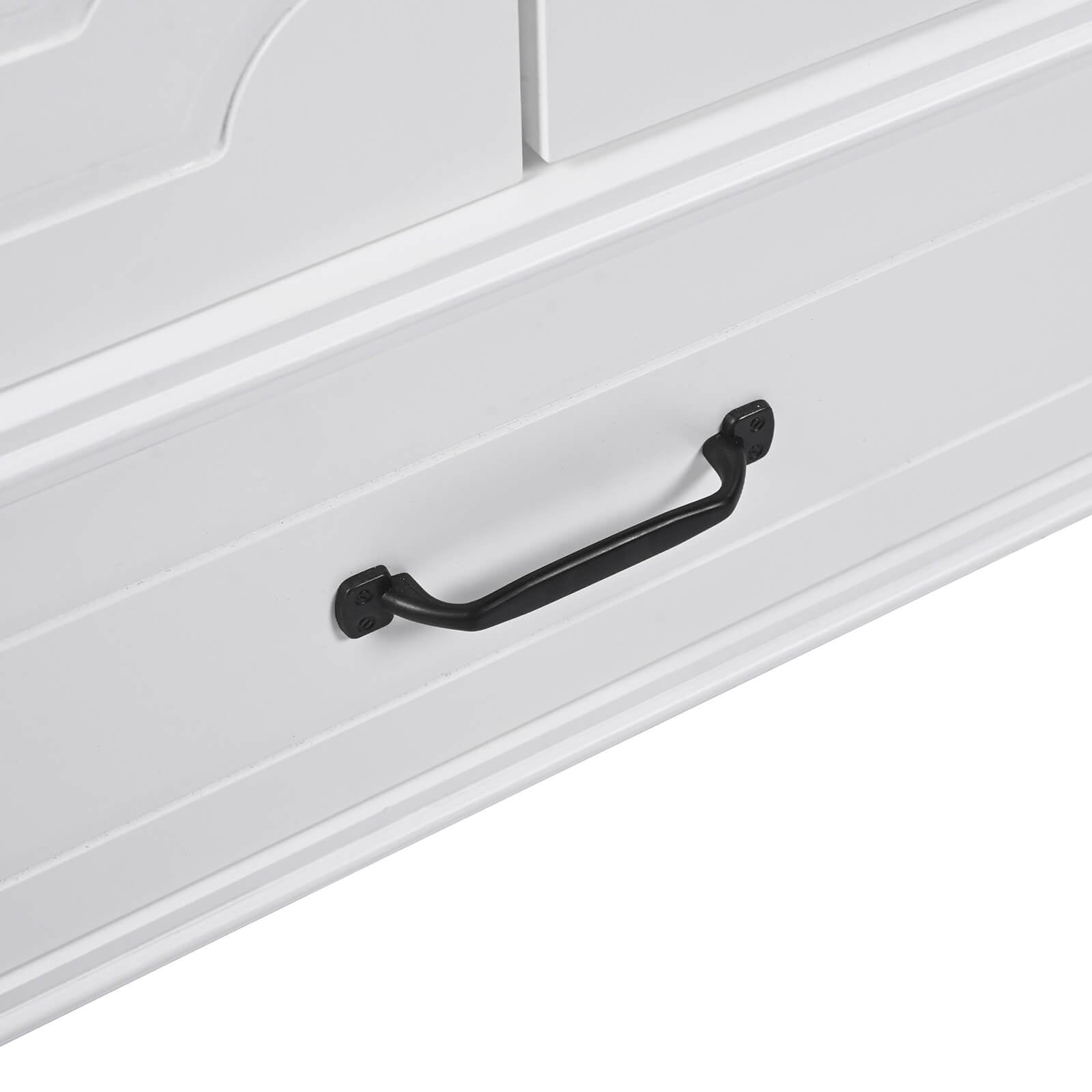 freestanding white vanity cabinet with soft metal hardware accents