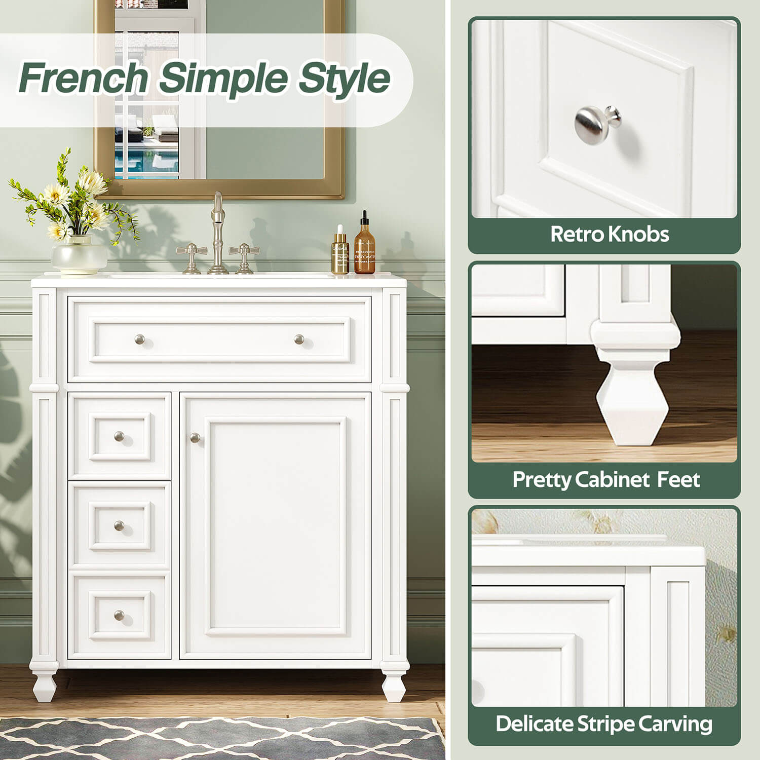 french inspired white bathroom vanity with carved details and curved legs