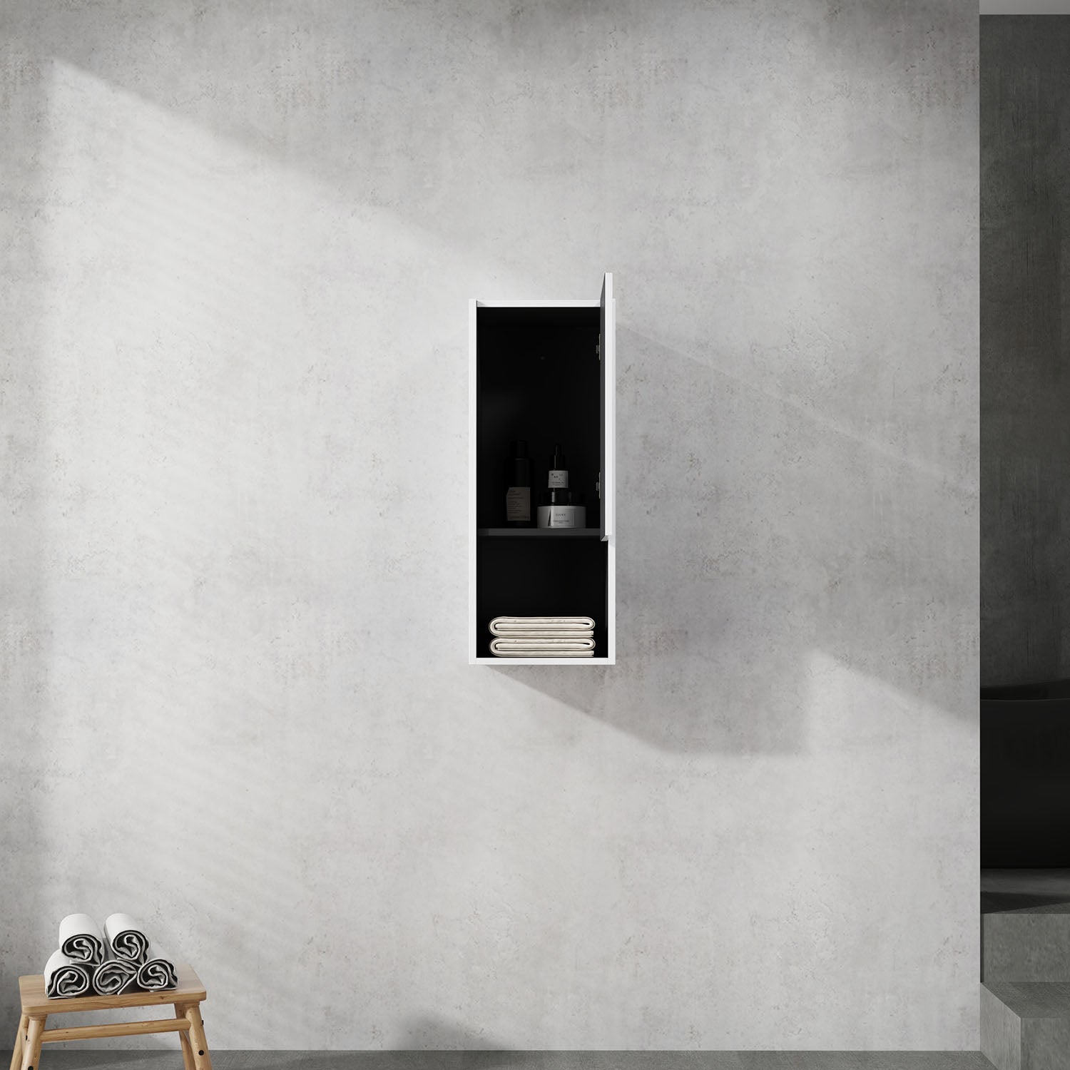 front view of 12 inch White Bathroom Wall Cabinet with Soft Close Door and Open Shelf