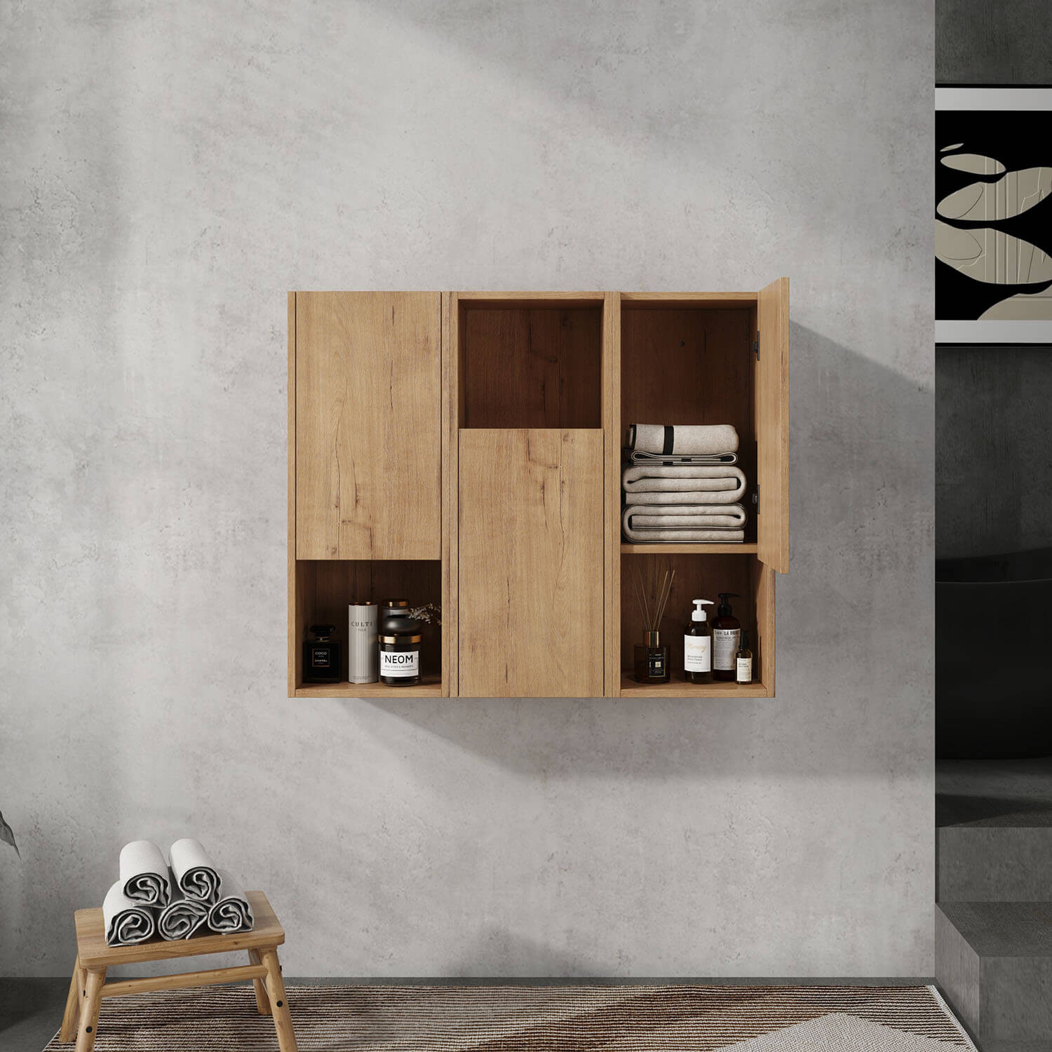 front view of 36 inch White Oak Bathroom Wall Cabinet with Soft Close Doors and Open Shelves