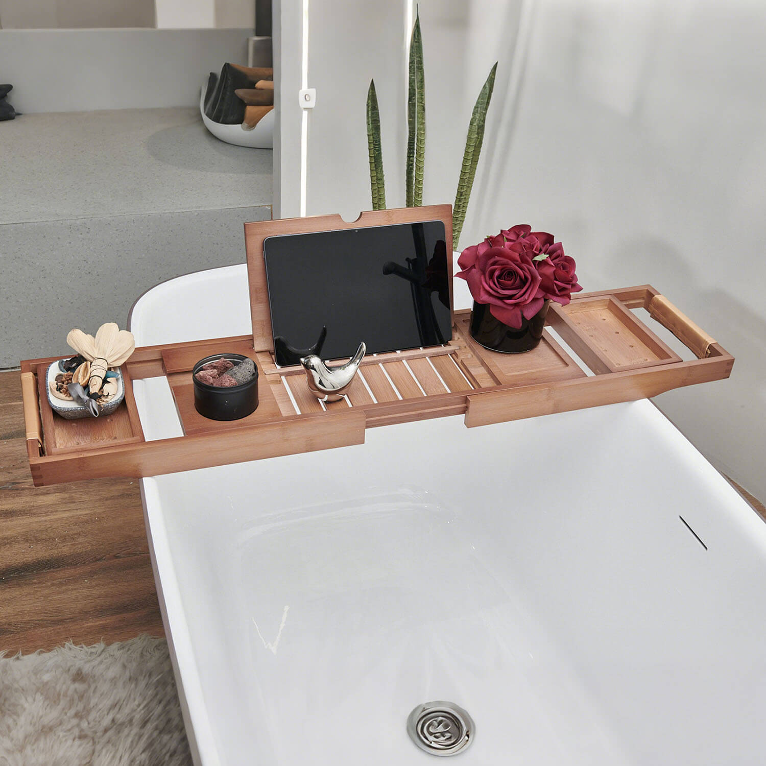 front view of Mokleba Light Walnut Bamboo Bathtub Caddy Tray with Leather Handles