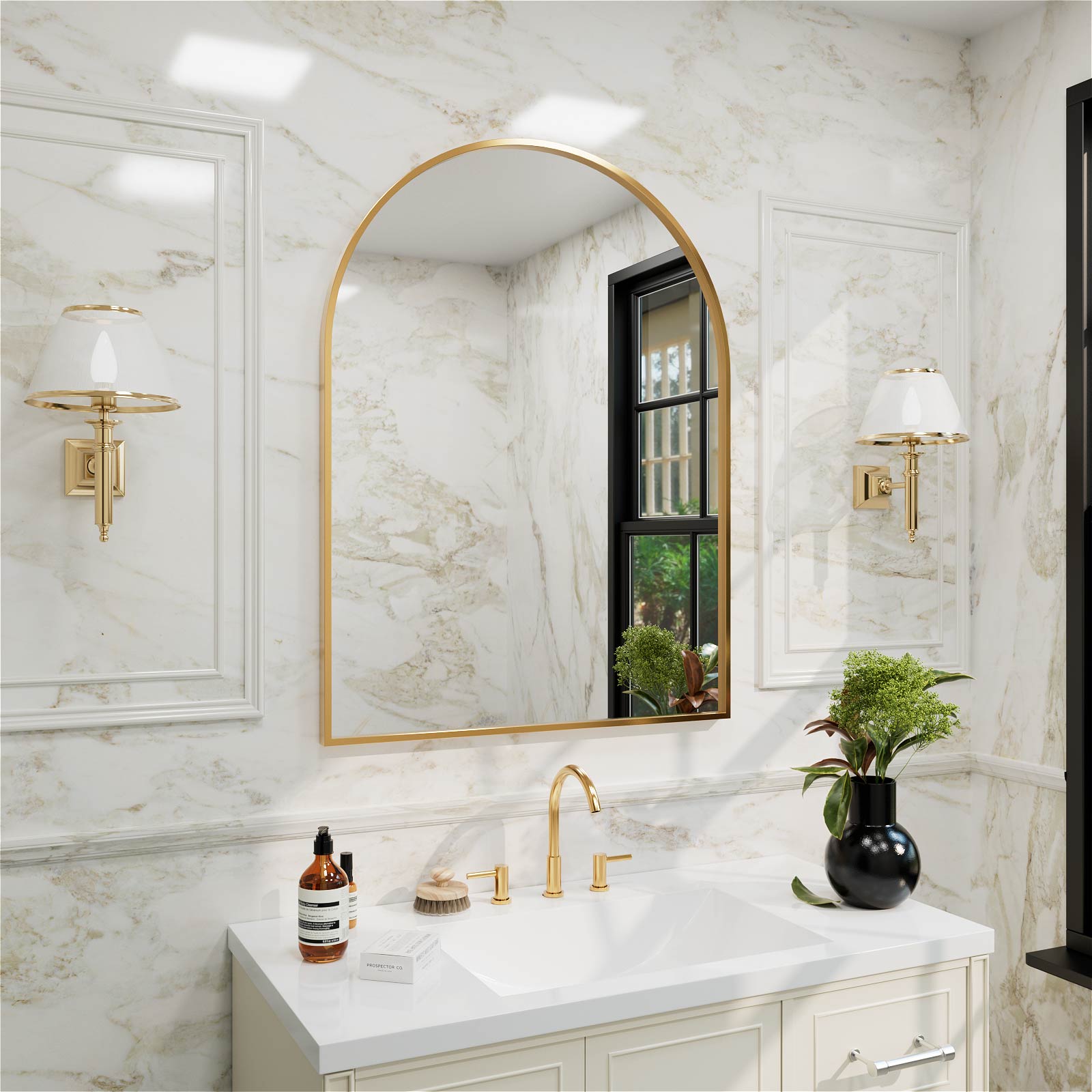 gold metal frame mirror with curved top