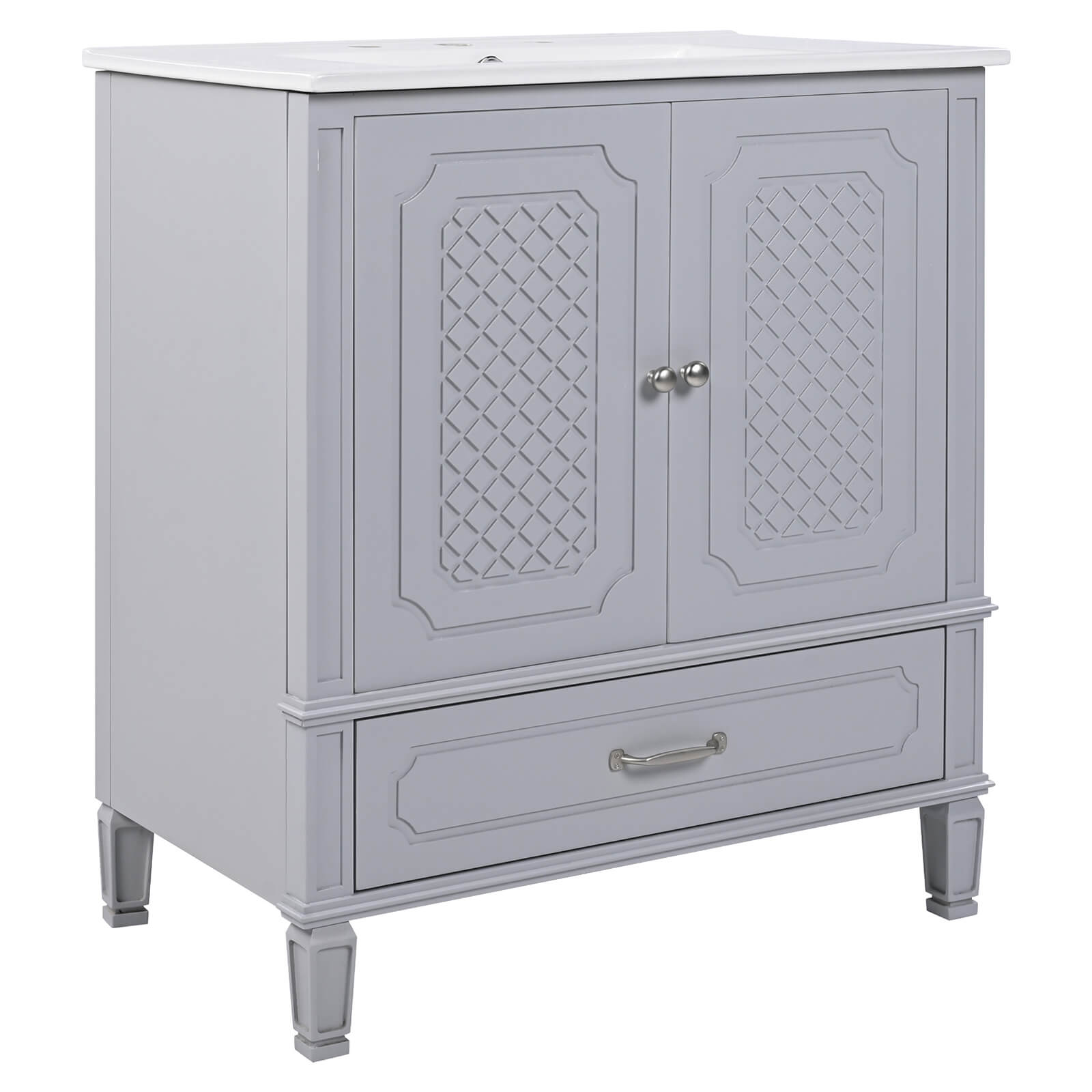 gray bathroom vanity with wood like texture and antique appeal