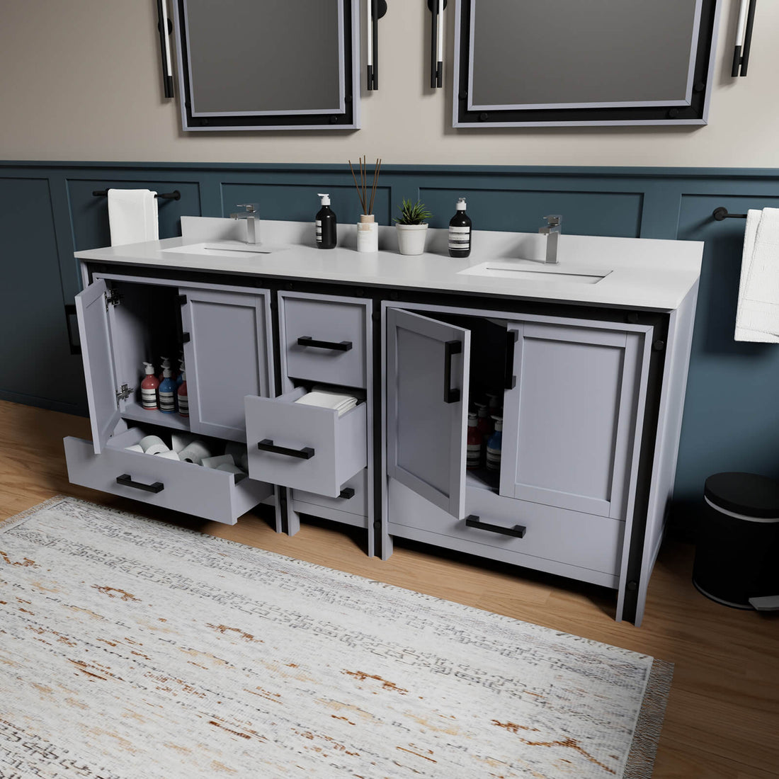 large gray freestanding vanity with five drawers and two cabinets